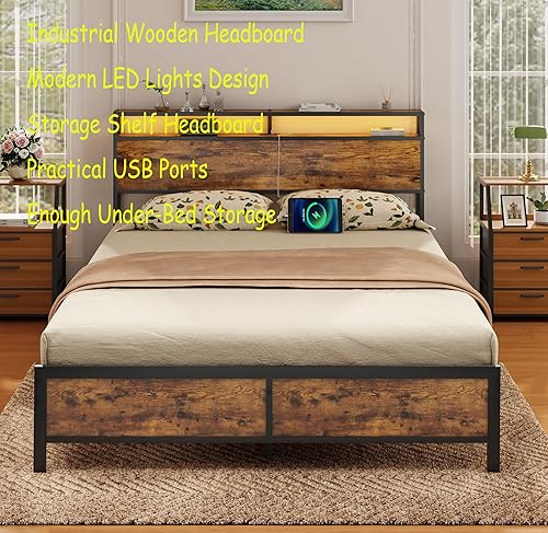 Miniatura 6 de Marco de cama industrial de metal completo con luces LED y 2 puertos USB, marco de cama de plataforma de metal con cabecera de madera de