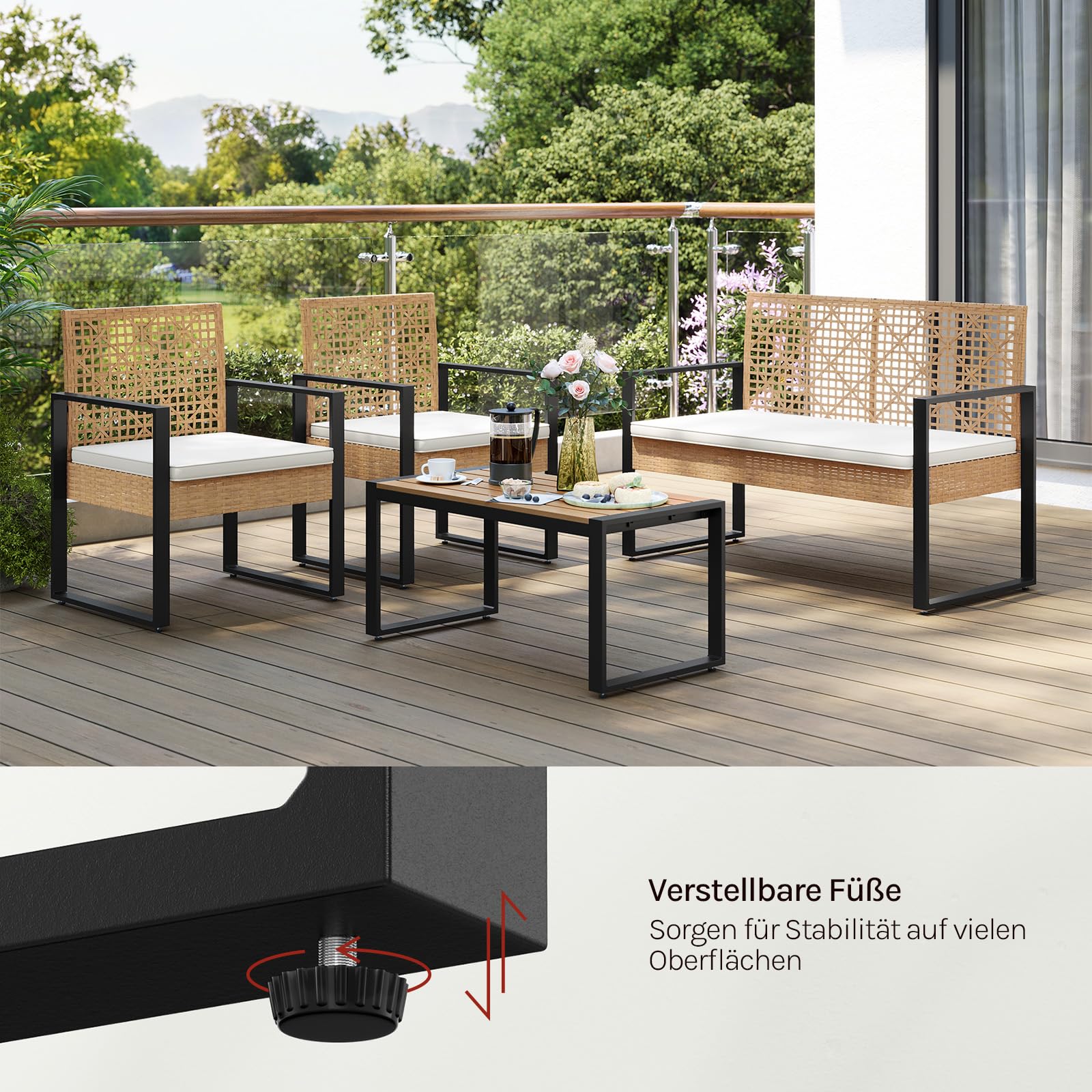 WOLTU Rattan Gartenmöbel 4-teilig mit 1 Sitzer Sofa 2 Sessel 1 Couchtisch und Kissen Lounge Möbel Outdoor Balkonmöbel Kleiner Balkon Sitzgruppe Gartencouch Terrassenmöbel Set für Garten Terrassen