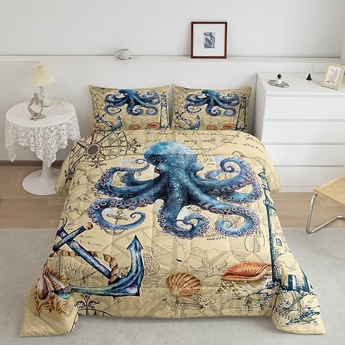 Feelyou Octopus Bedding Set for Girls Boys Ocean Kraken Anchor Decor Comforter S