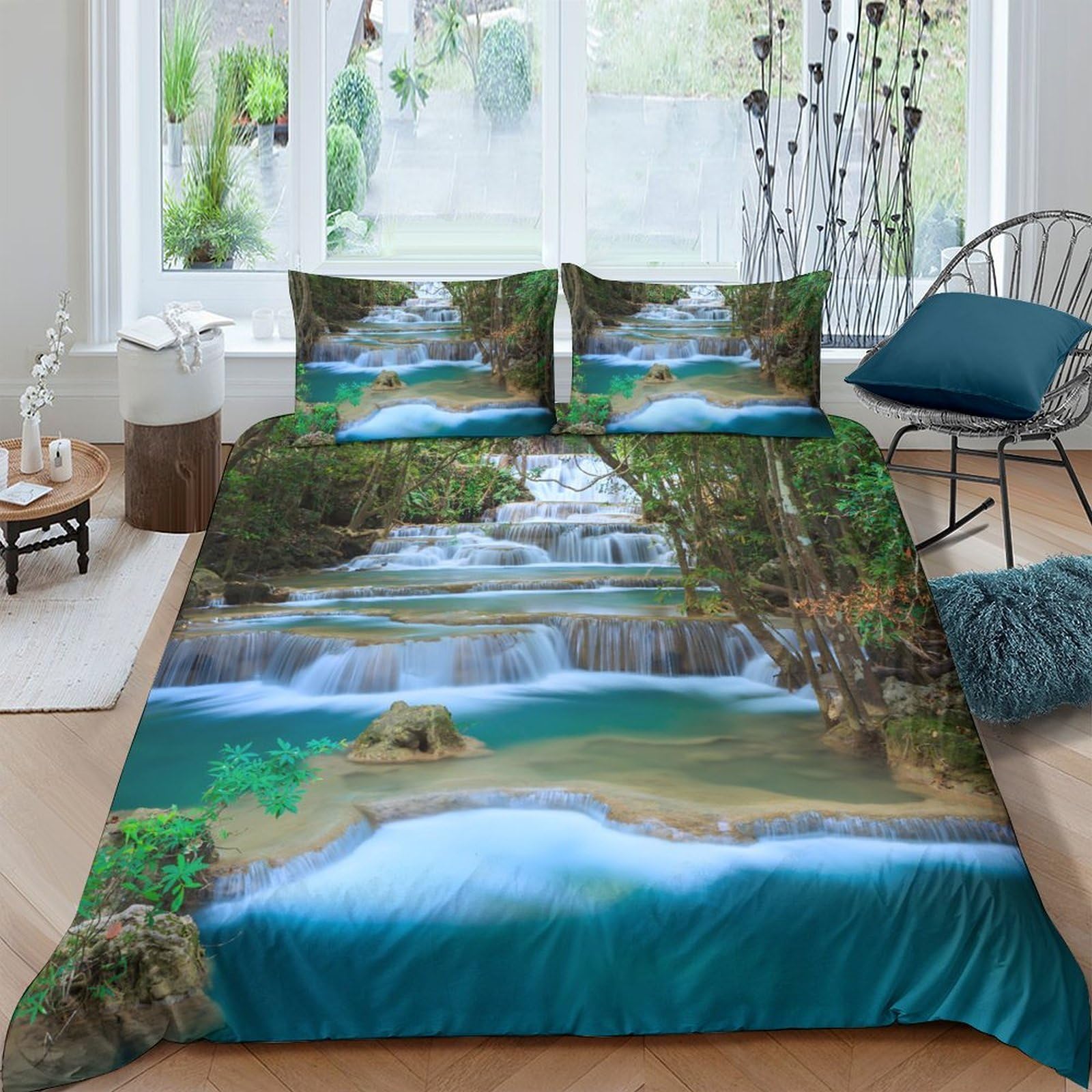 Ctjqhvkz Style-7 3D Printed Waterfall Forest Fitted Sheet Microfiber Soft Bed Cover Scenic Lake Mattress Cover For Bedroom Guest Room Decor Single（135X200cm）