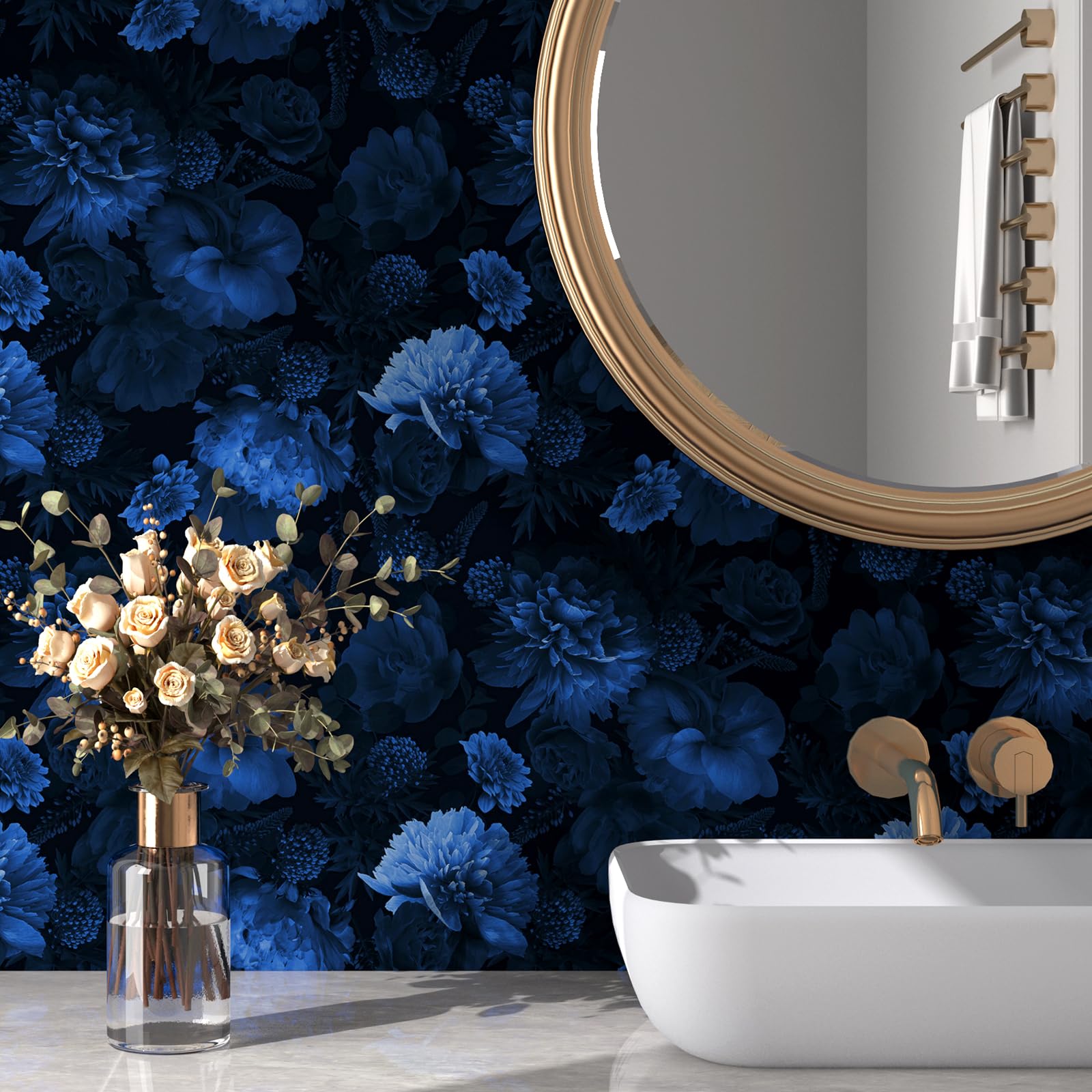 FunStick 44.5CM×9M Papel Pintado Autoadhesivo Azul Oscuro Papel Autoadhesivo Pared Flores Fotomural Vinilo Adhesivo Pared 3D Azul Marino Rosas Papel Decorativo Adhesivo para Muebles Dormitorio Armario