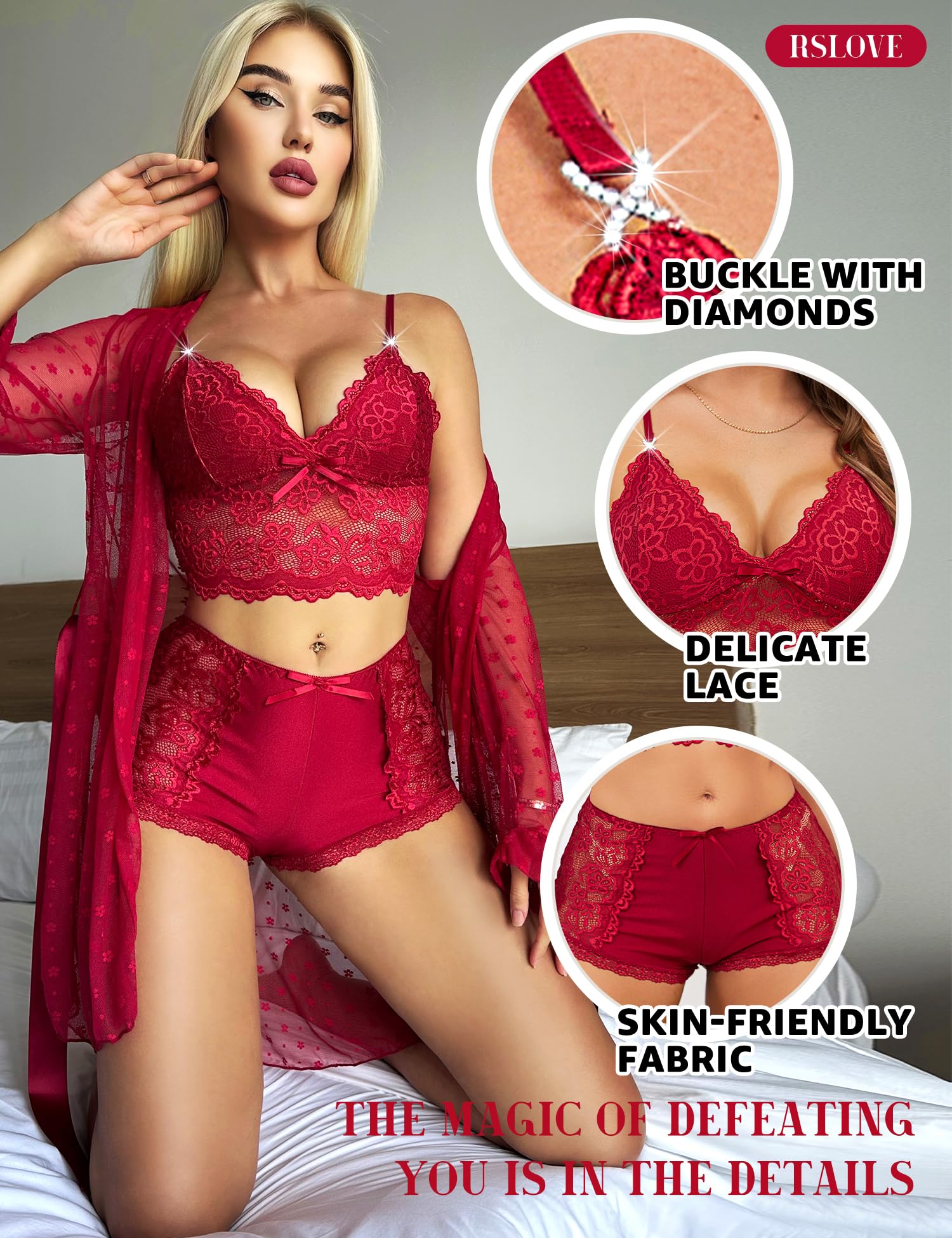 RSLOVE Set di biancheria intima da donna sexy - biancheria intima in pizzo da notte da donna, 3 pezzi con abito