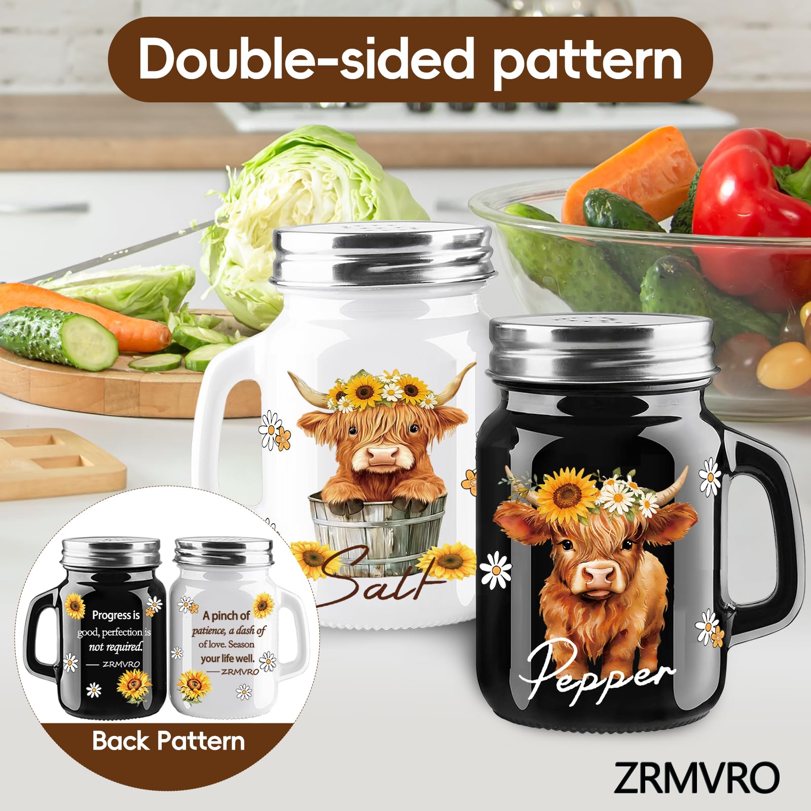 Juego de 2 saleros y pimenteros, diseño de vaca de las tierras altas, bonitos saleros y pimenteros para decoración de cocina, salero y pimentero blanco y negro con tapas de acero inoxidable
