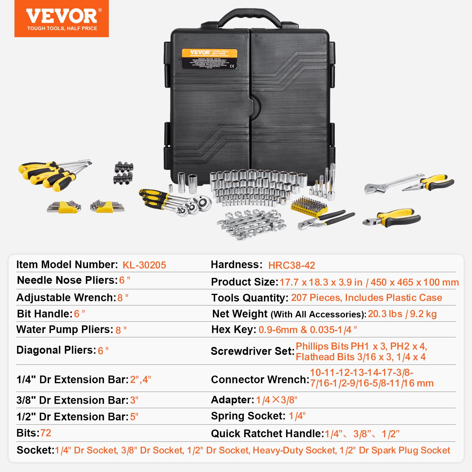 VEVOR Zestaw narzędzi mechanicznych 207 sztuk 1/10.2 cm 3/20.3 cm 1/5.1 cm - SAE i metryczny zestaw narzędzi mechanicznych z bitami - klucze, uchwyt grzechotkowy, akcesoria i plastikowa walizka do