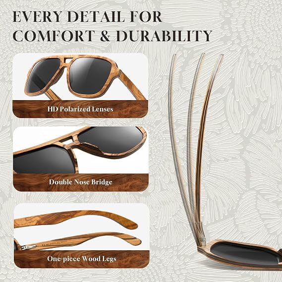SUNAIT Light Burl/Black Oak/Zebra & Ebony/Maple Wood Sunglasses Classic Square Aviator for Men & Women HD Polarized Lens