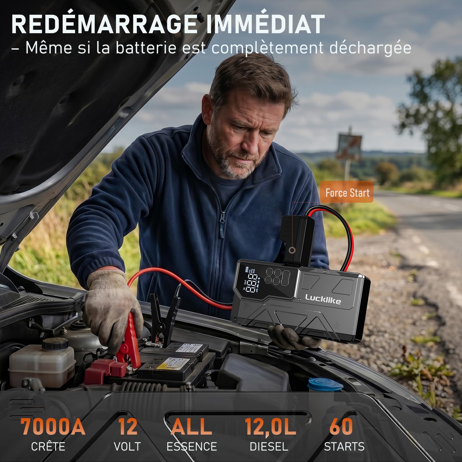LUCKLIKE W210 Booster Batterie Voiture avec Compresseur, Démarreur Batterie Voiture, 150PSI Gonfleur, 12V Jump Starter Tout Gaz ou 10L Diesel, Écran LCD, Eclairage de Secours, Banque d'alimentation
