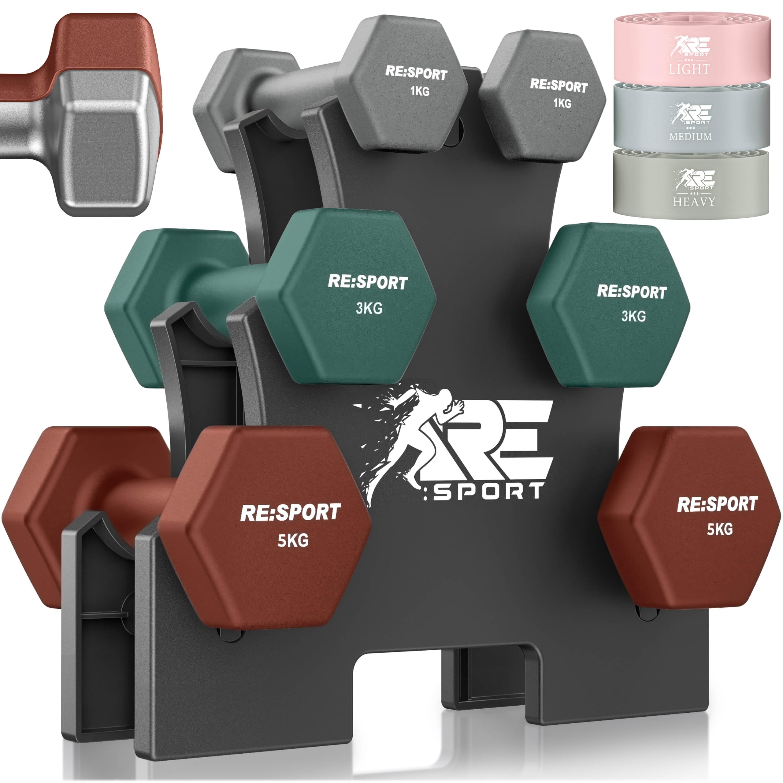 RE:SPORT® Set di manubri da 3 paia, da 1 kg a 5 kg, 12 kg o 18 kg, con supporto e 3 fasce da fitness, manubri corti antiscivolo in neoprene per uomo e donna, set di manubri