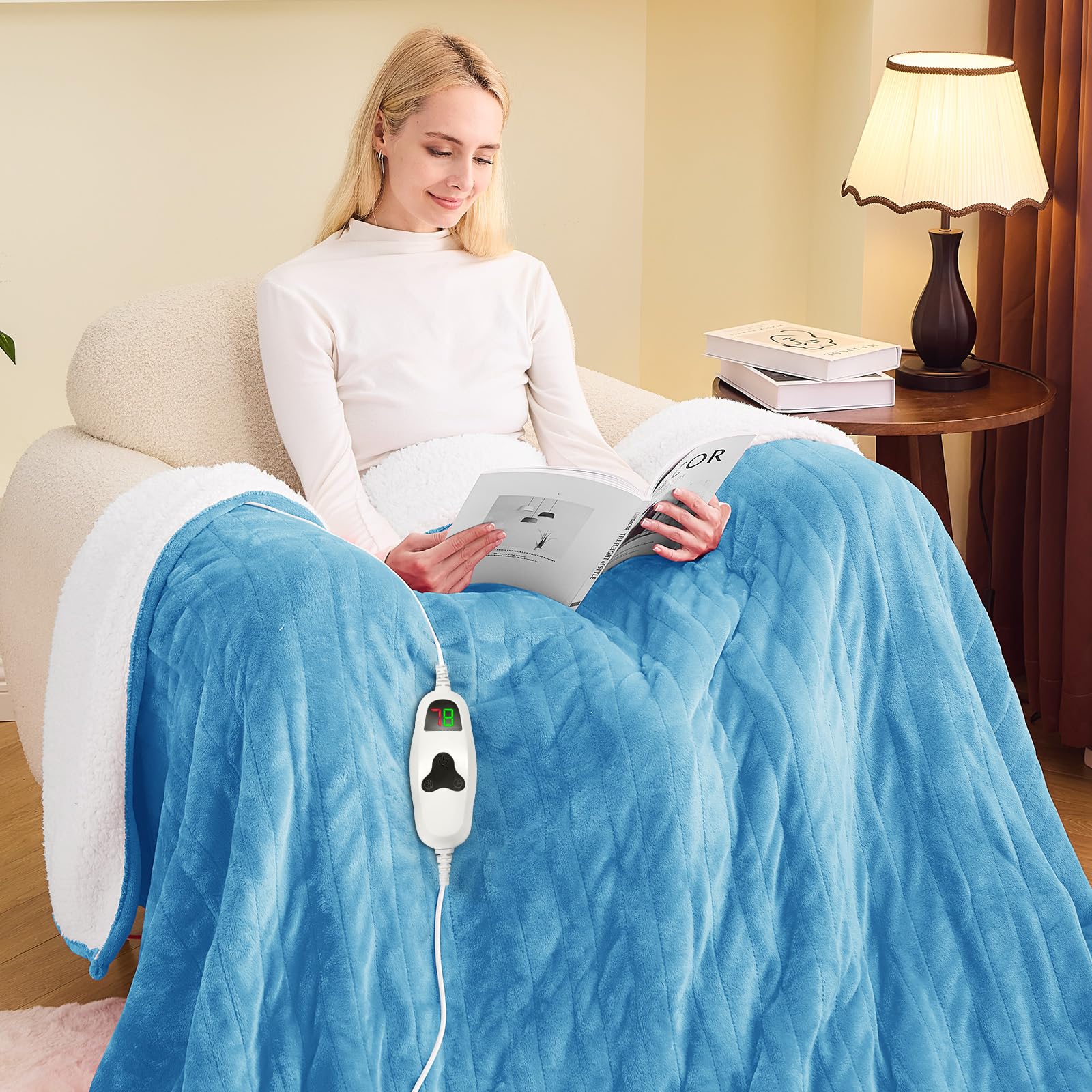 greenoak Heated Blanket Electric Twin 62"X84", Heating Blankets with 10 Levels 8 Hours Auto-Off Overheat Protection, Soft Flannel Sherpa Fluffy House Warming Gift, ETL Certified Pale Blue