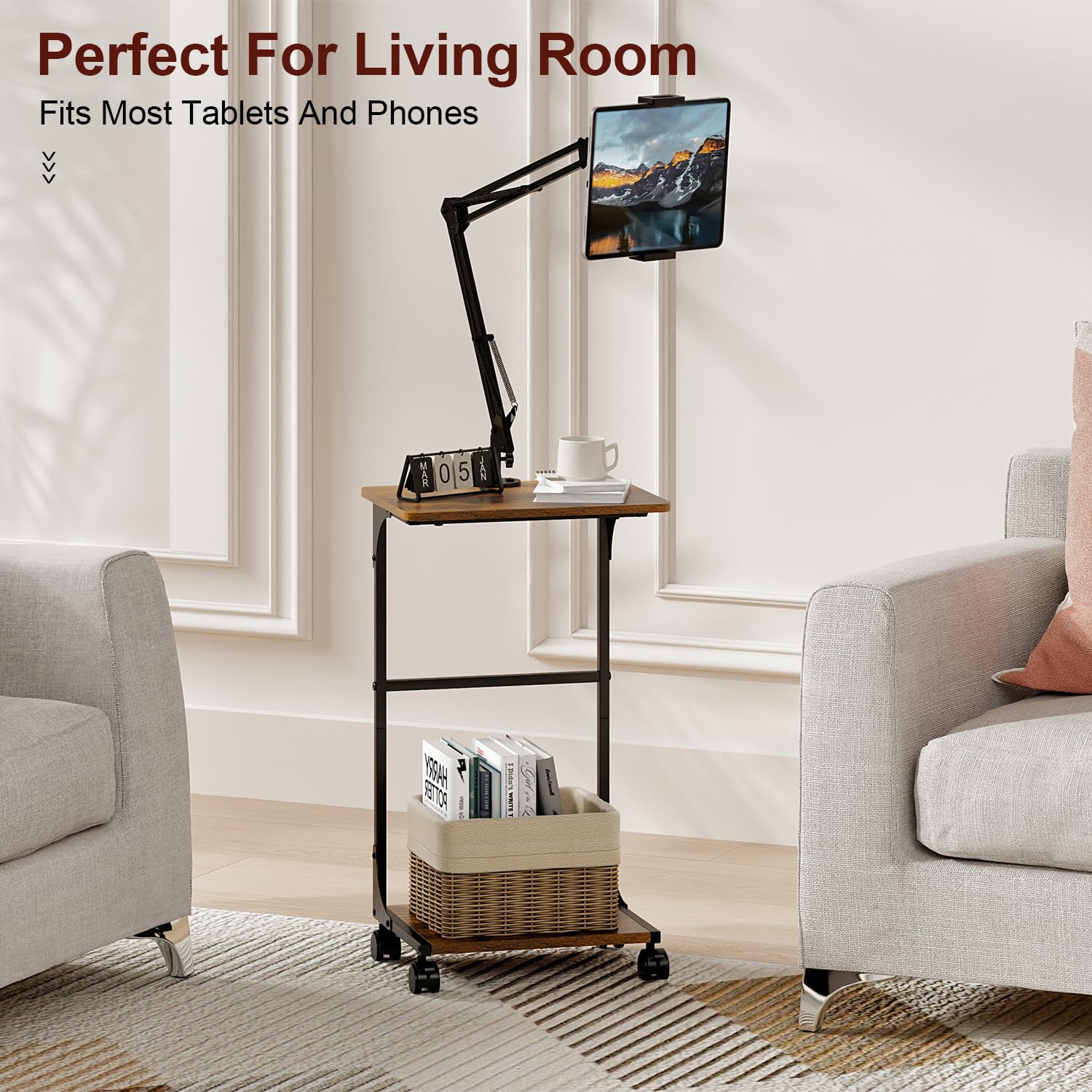Ständer für Kindle, Tablet, iPad, mit 2-stöckigen Ablagen, winkelhöhenverstellbar, für iPad, Tablet, Kindle, Bett mit 360 Grad drehbaren Rädern, kompatibel mit 11,9 cm - 33 cm (4,7 - 13 Zoll) Kindle
