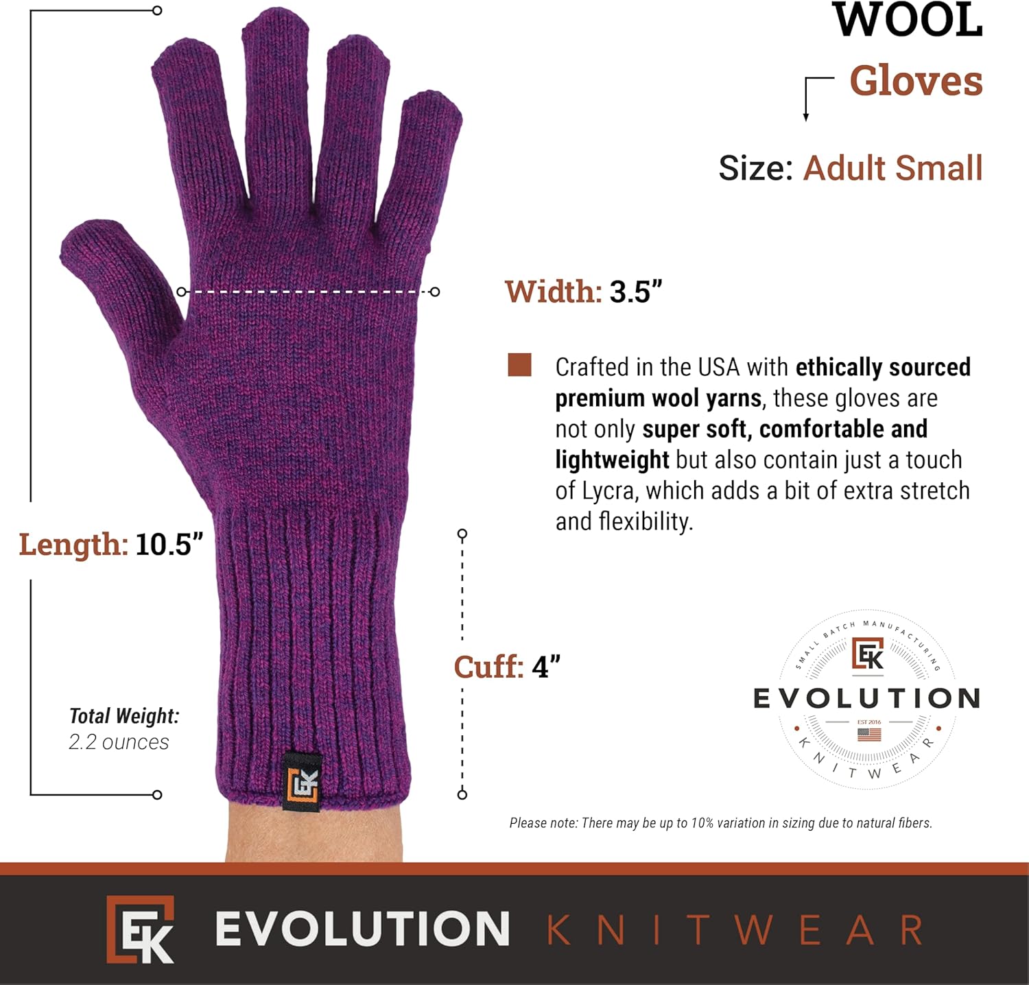 Evolution Knitwear Wool Knit Gloves - Made in the USA - Super Soft Merino Wool - Small