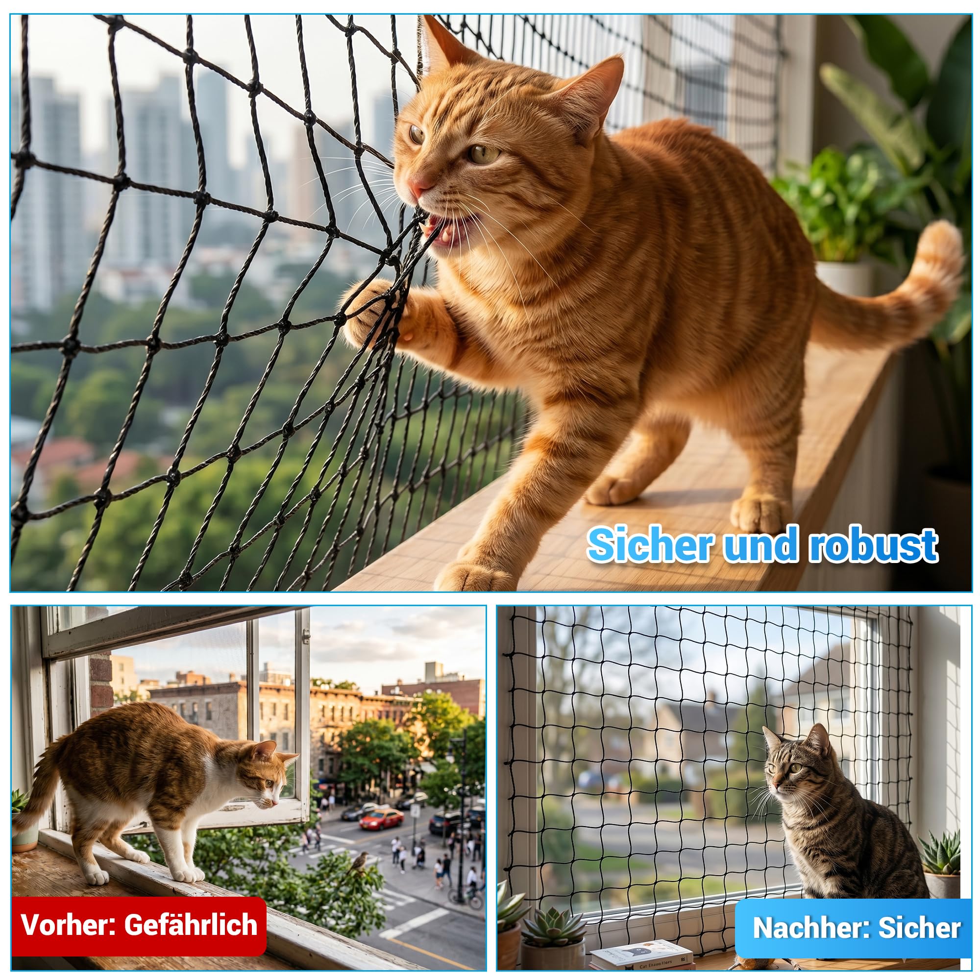 Siatka dla kota na balkon, 10 x 3 m, czarna siatka balkonowa z haczykami, opaski kablowe | Siatka ochronna dla kotów, siatka balkonowa dla kotów, bez wiercenia, na okno, taras, drzwi