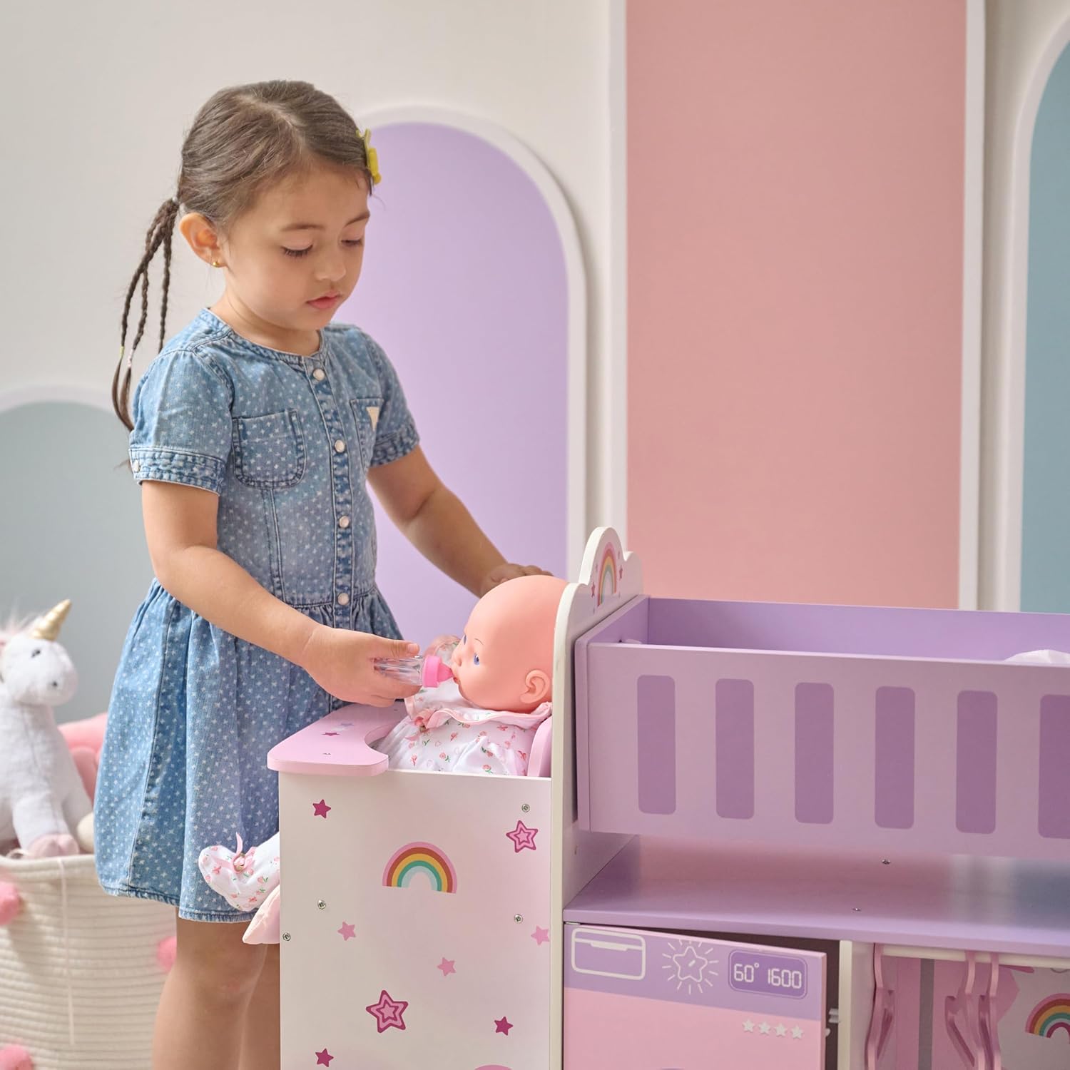 Olivia’s Little World Fantasy Care Doll Nursery 6-in-1 Unicorn Themed Baby Station with Cradle, Washer, High Chair, Sink & Closet with 3 Wooden Hangers for Pretend Play, for Girls Ages 3 and Up