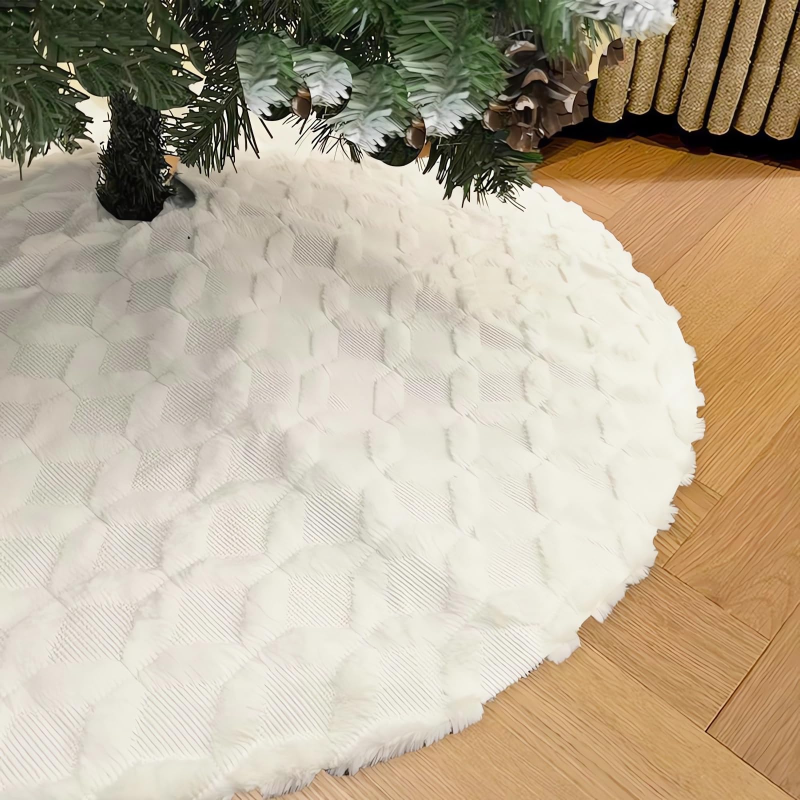 48in/122cm Faux Fur with Cable Knit Christmas Tree Skirt, Neutral, Tree Skirt, Christmas/Holiday, 12148749031