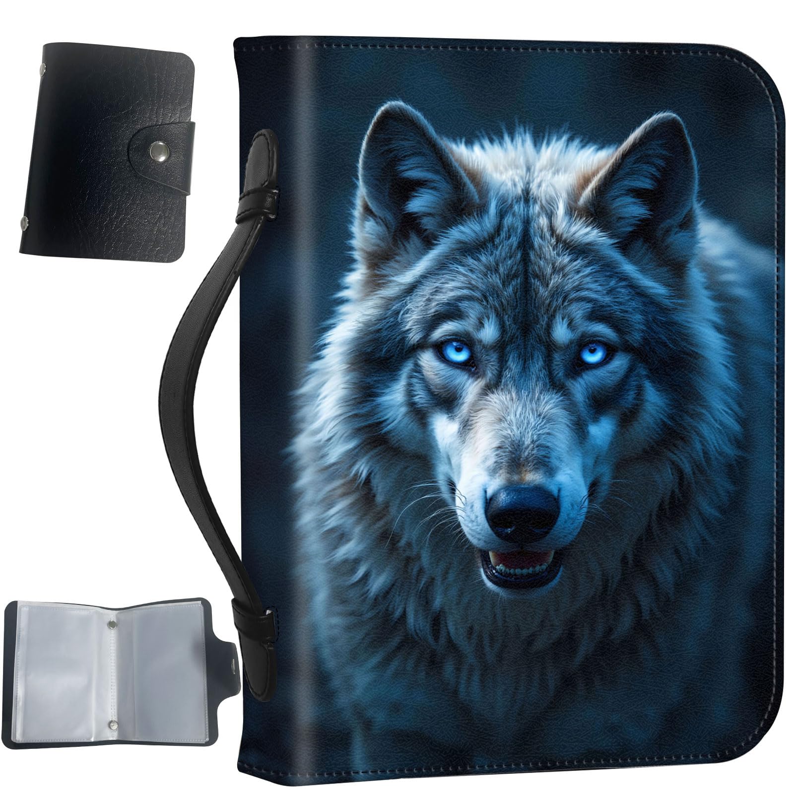PU Leather Bible Cover with Handle & Pockets, Large Capacity Bible Case, Water-Resistant Scripture Organizer Bag with Bonus Card Holder, Christian Gift for Women & Men, Wolf Portrait
