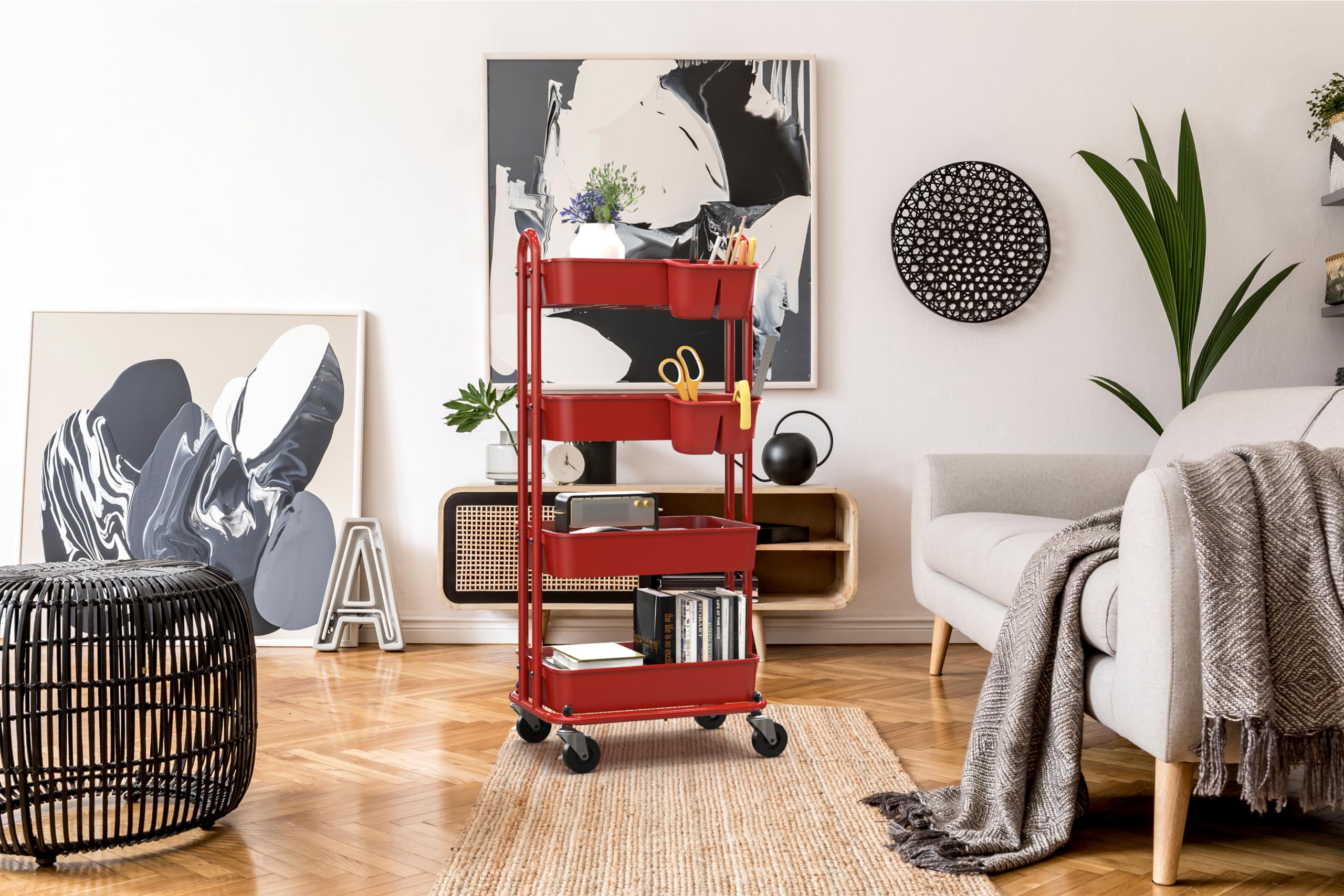 Simple Houseware 4-stufiger multifunktionaler Rollwagen mit Korbtrennwänden und hängenden Eimern, Rot