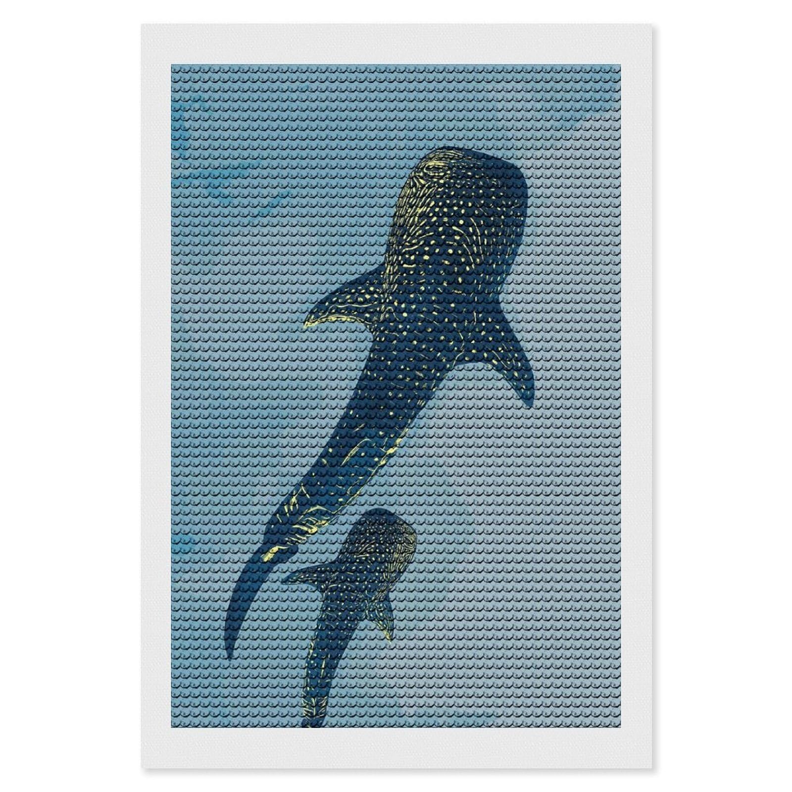 Junmoney Whale Sharks in Blue Water Diamond Painting Canvas Set 8"x12", for Adults, Sparkling Round Gems, Thoughtful Handmade Gift, Modern Decor