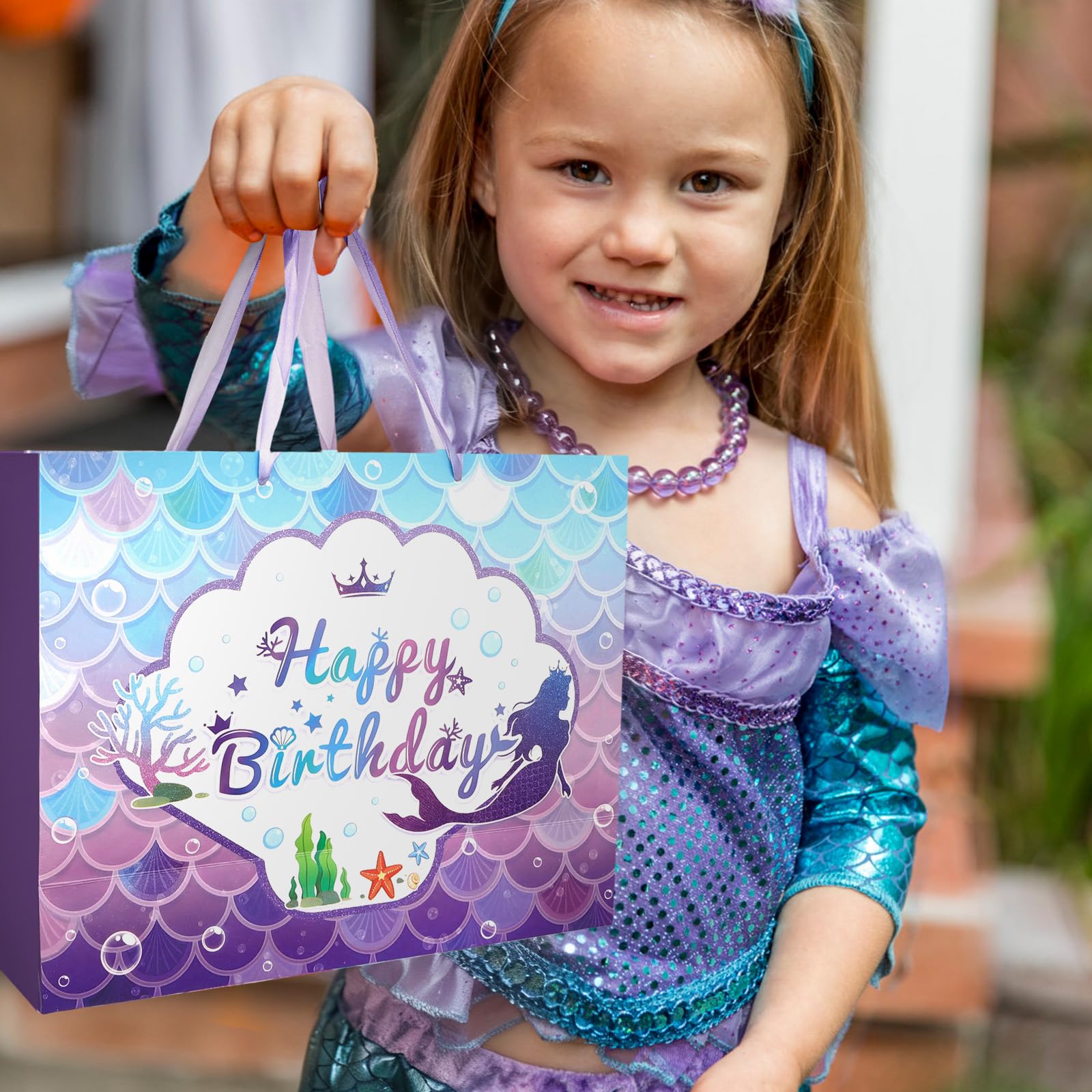 CIEHER Birthday Gift Bags for Girls with Mermaid Greeting Card and Purple Tissue Papers for Birthday Gifts - Mermaid Pattern