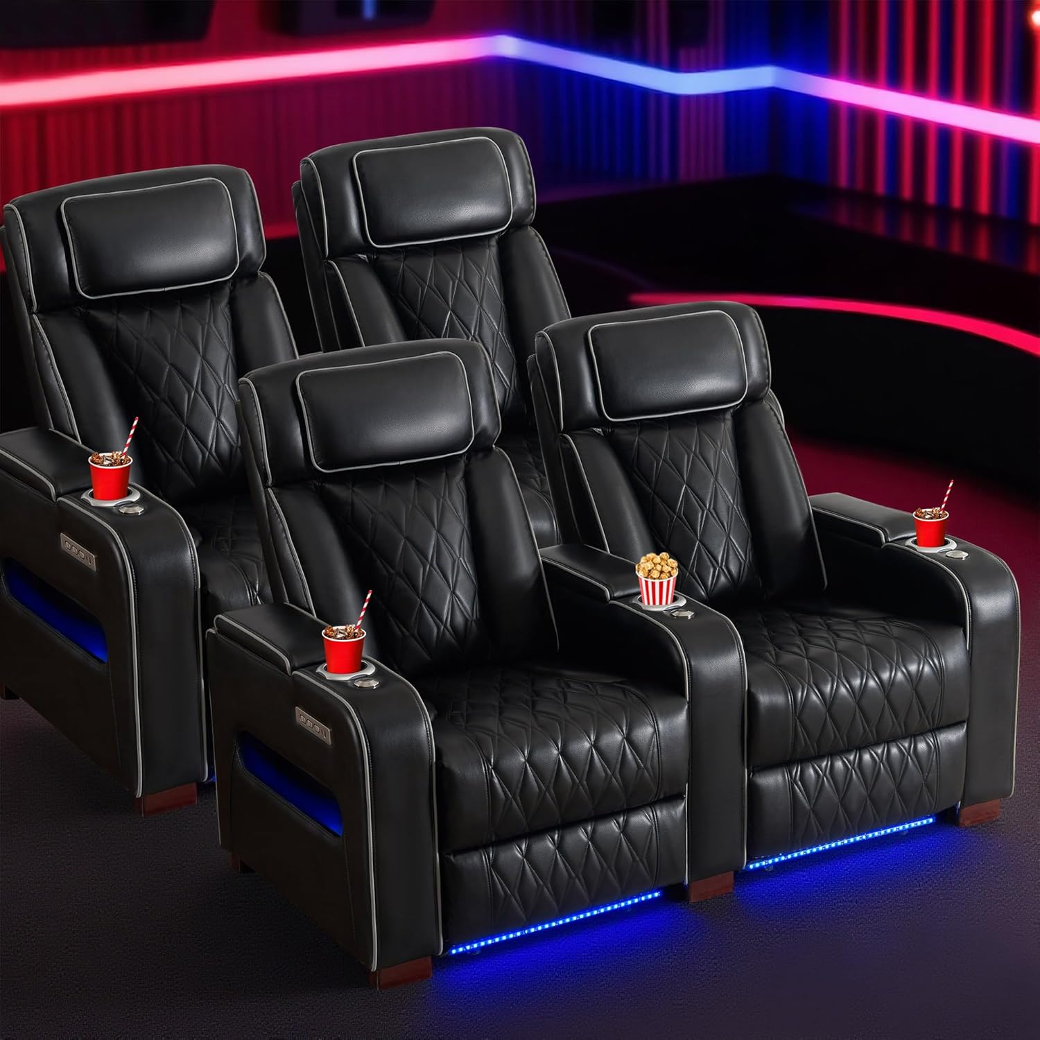 Luxury Home Theater Seating – Power Recliner with Adjustable Headrests, Blue LED Ambient Lighting, Tray Table, USB & Type-C Charging (Black,2 Seat)
