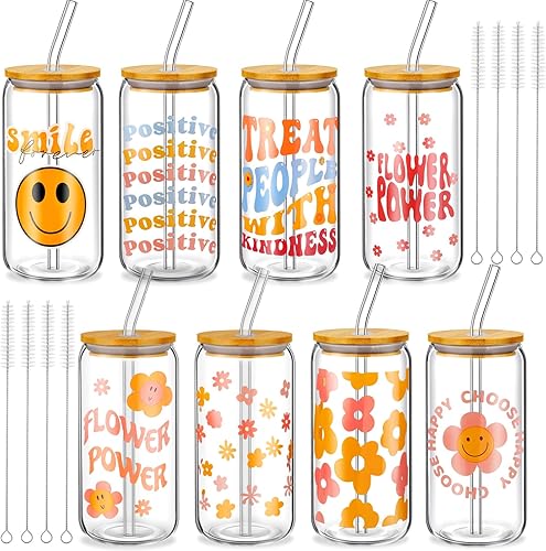 Umigy 8 tazas de vidrio bonitas con tapas y pajitas de bambú Groovy Retro Ice Coffee Cup 16 oz Smile Face Daisy Vasos de cerveza de vidrio con