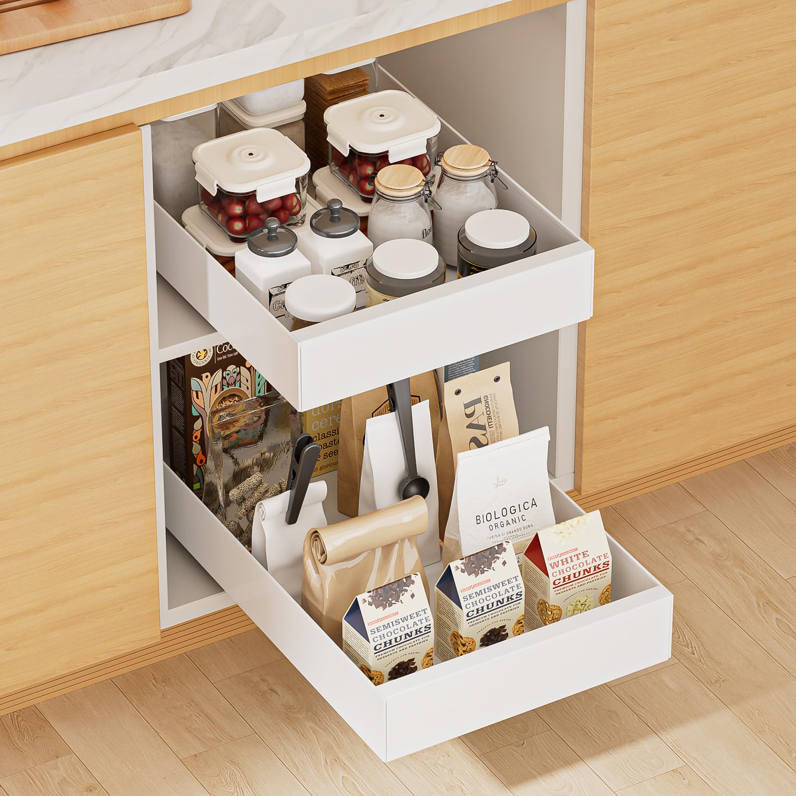 2 Pezzi Cassetto Telescopico Cassetto Estraibile Cucina Ripiani per Cassetti Estraibili per Armadio da Cucina Senza Bisogno di Trapano e Chiodi (25CM L x 43CM P x 7CM)