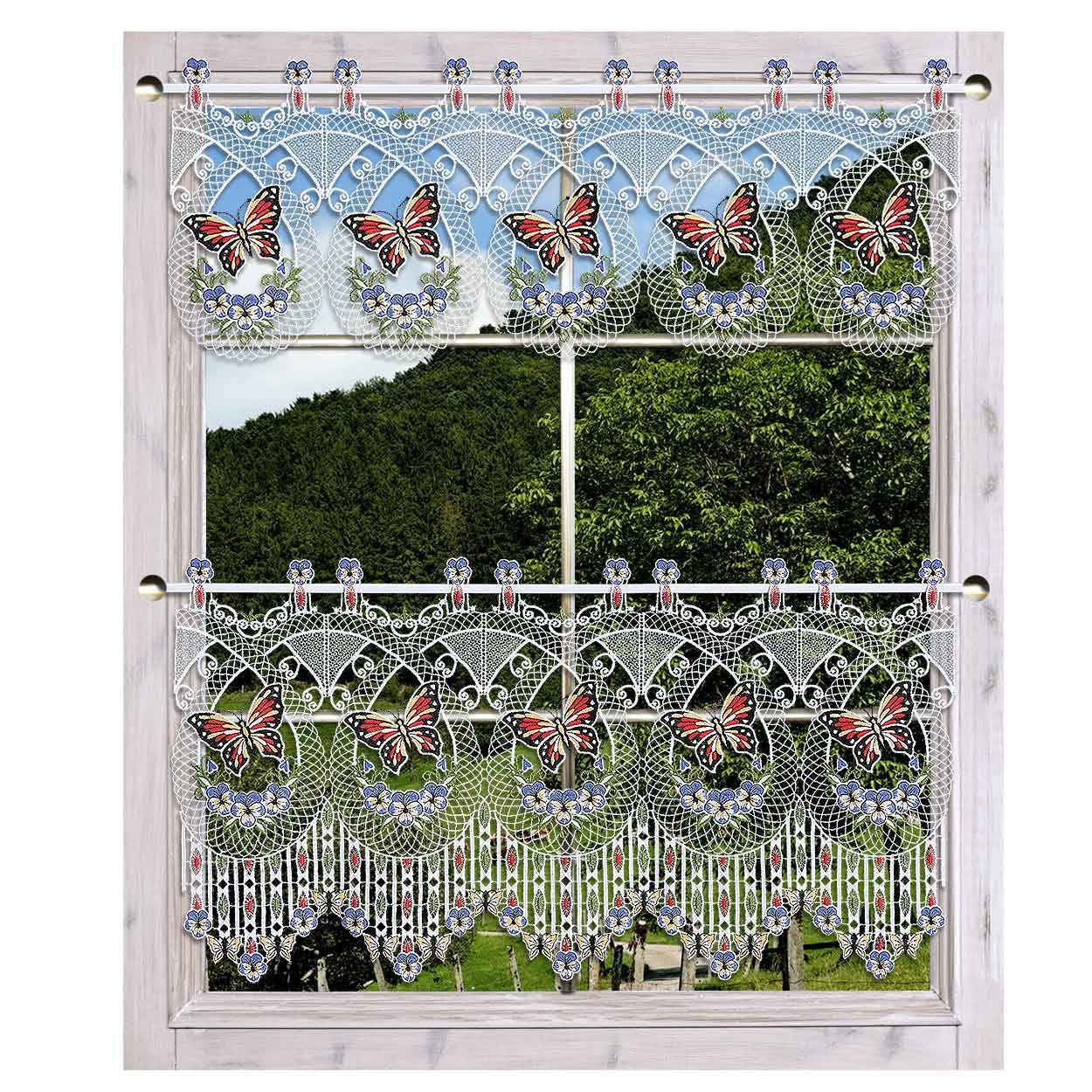 Scheibengardine Sabina Schmetterling mit Stiefmütterchen Rot-Blau Vogtländische Spitze | Landhaus-Spitzengardine mit filigraner Stickerei Fensterdeko für Frühling & Sommer Höhe x Breite 30 x 80 cm