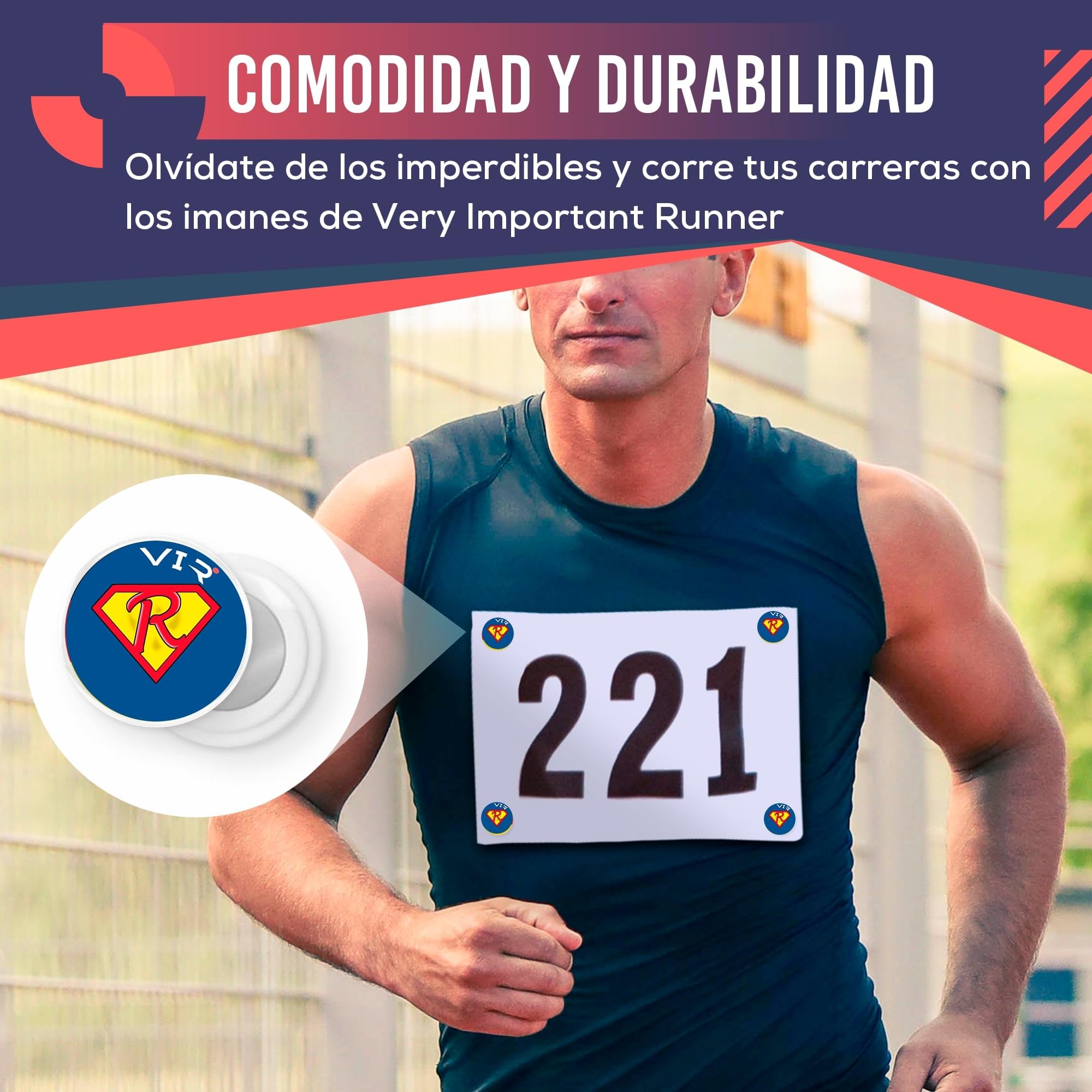 VERY IMPORTANT RUNNER - Pack de 4 Imanes Deportivos con Bolsa Impermeable - Imanes Sujeta Dorsales para Running y Triatlón 18mm - Sujeción Segura Sin Agujeros en la Ropa - Diseño Súper Runner — view 4