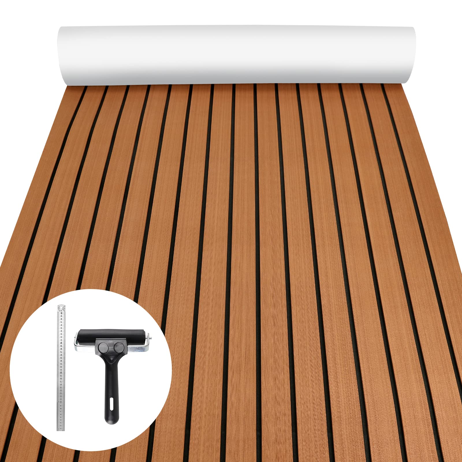 Matalde Boat Flooring EVA Foam Decking Sheet - Upgraded Hi-Strength Adhesive Marine Vinyl Flooring,Non-Slip Faux Teak Sea Deck Marine Mat with Rubber Roller