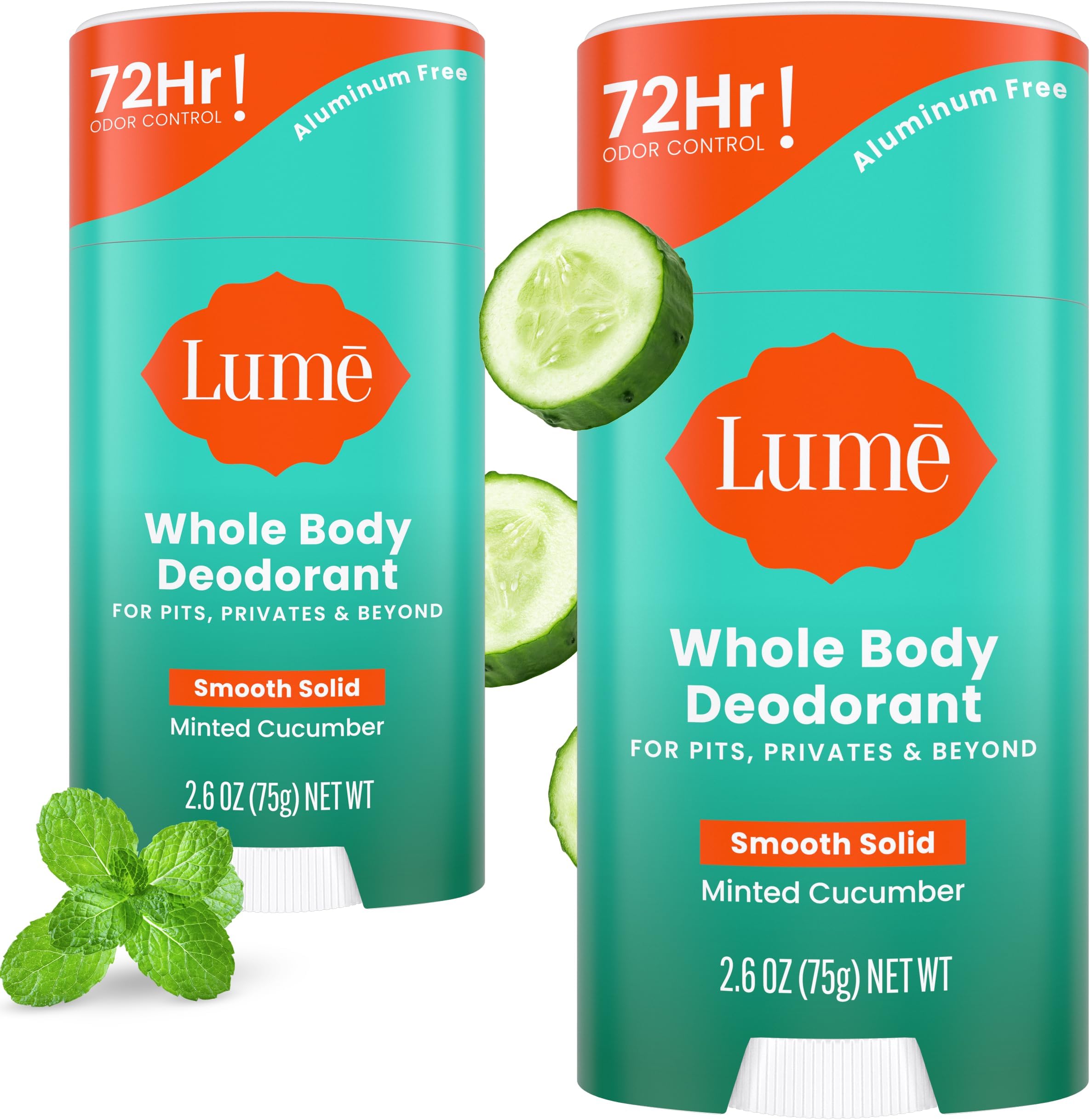 Whole Body Deodorant - Smooth Solid Stick - 72 Hour Odor Control - Aluminum Free, Baking Soda Free and Skin Safe - 2.6 Ounce (Pack of 2) (Minted Cucumber)