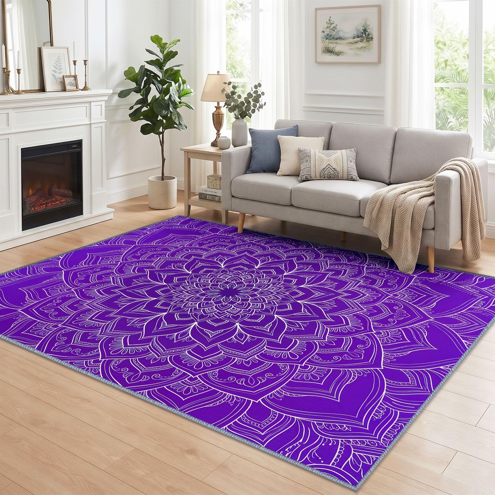 Bohemian Wohnzimmer Teppich 100 x 160 cm, Waschmaschine Geometrisches Blumenmuster Lila Mandala Schlafzimmer Weicher rutschfest Design Teppiche für Küche Esszimmer Büro Bereich Dekor