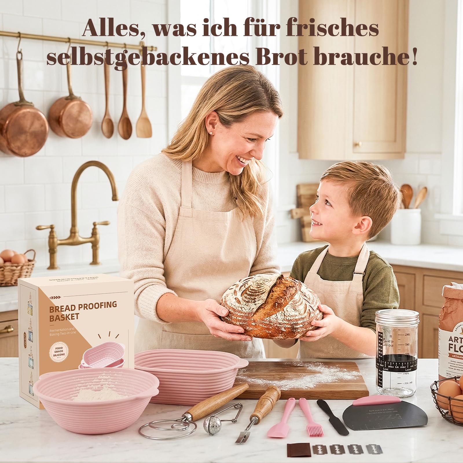 MQFORU 12-Teiliges Sauerteig Starter Set, 2 Klappbare Silikon Gärkörbe (29cm Ovale & 28cm Runde), 730ML Sauerteig Glas Set, Komplettes Brot Backen Zubehör für Anfänger & Erfahrener Bäcker