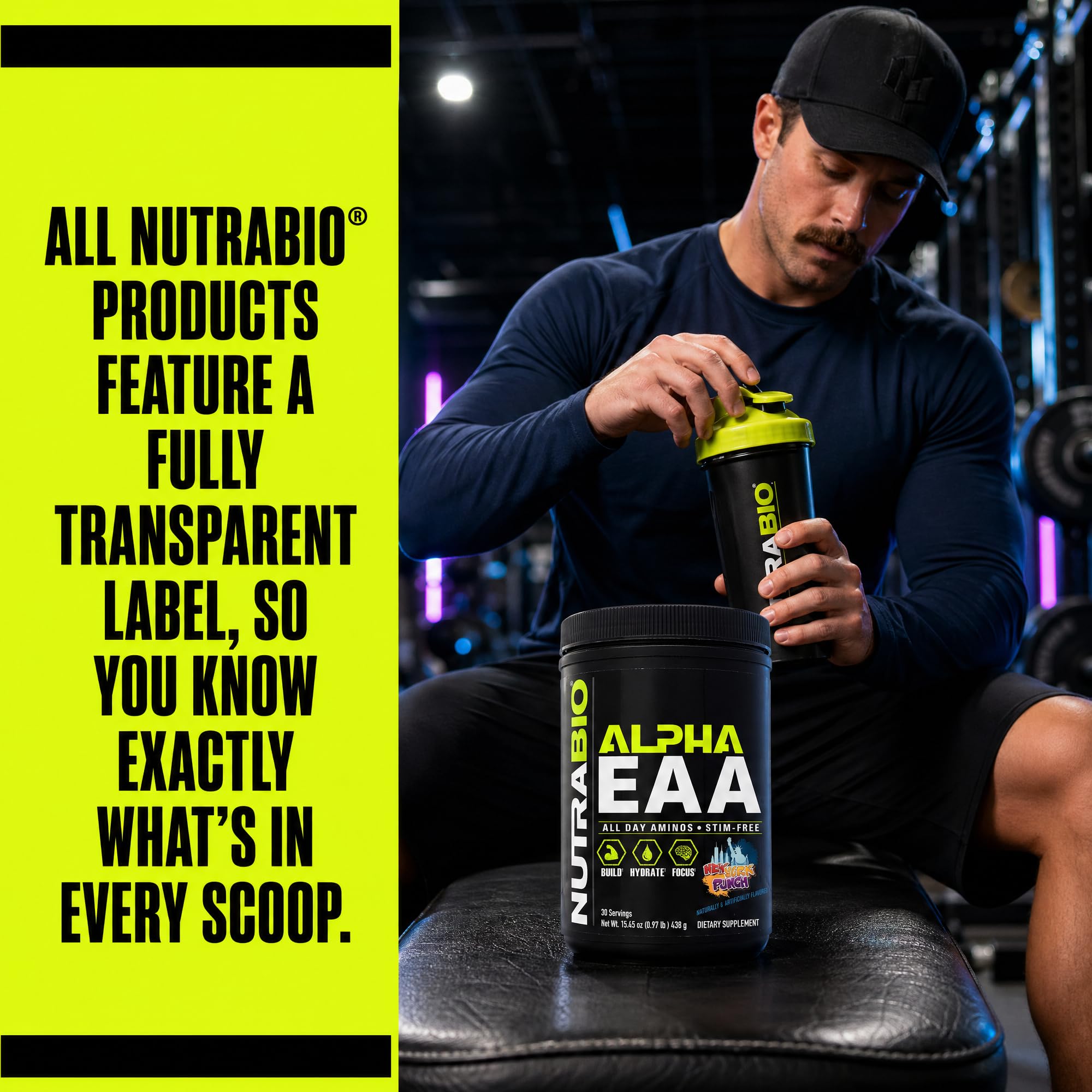 NutraBio Alpha EAA - All-Day Amino Acids for Muscle Growth and Hydration - Essential Amino Acids with Nootropics & Adaptogens- Full Spectrum EAA BCAA Powder - 30 Servings - New York Punch — Amazon image 8