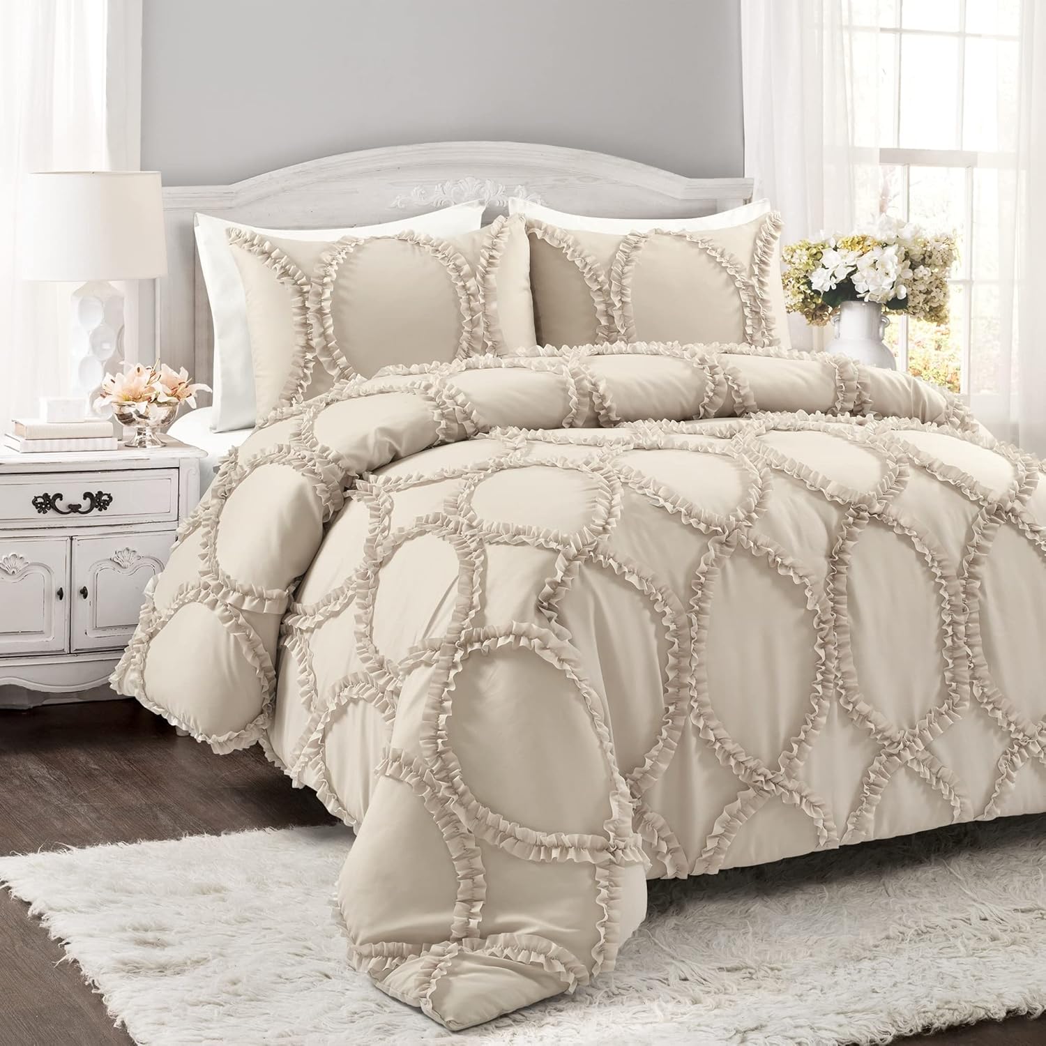 Lush Decor Avon Comforter Set, 3 Piece Set, King, Neutral - Beige Comforters King Size Comforter - Ruffled Bedding Set - Vintage Coquette Decor