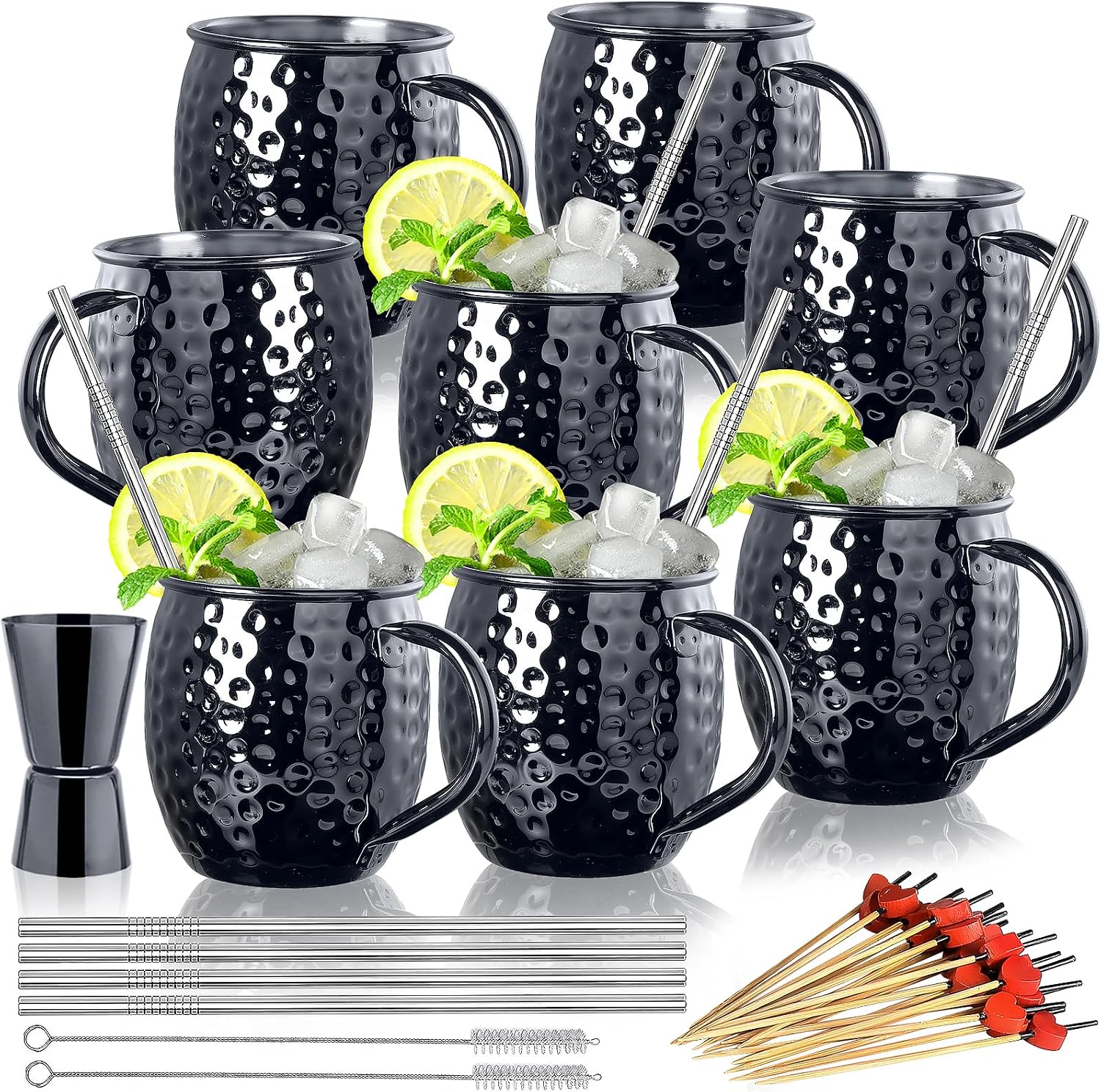 LINALL Moscow Mule Mugs- Set of 8 Gunmetal Black Plated 18oz Stainless Steel Mug Double Jigger Chilled Drink Cocktail Mug (Black 8pcs)