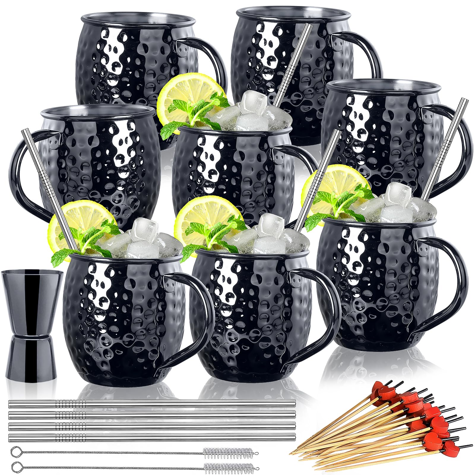 LINALL Moscow Mule Mugs- Set of 8 Black Plated 18oz Stainless Steel Mug Double Jigger Chilled Drink Cocktail Mug (Round 8pcs)