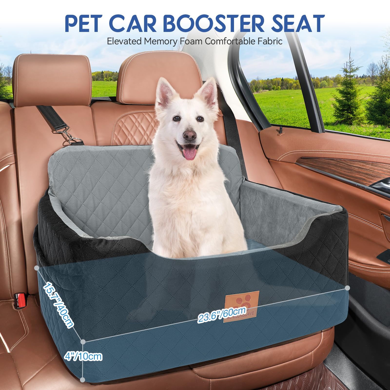 Dog Car Booster Seat For Medium/Large Dogs Up To 55 Lbs - Memory Foam, Triple Safety Belts, Washable Cover