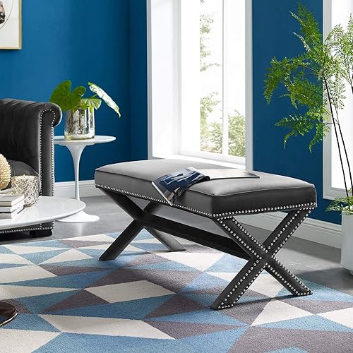 Modway Rivet - Banco moderno tapizado de terciopelo con base en X y ribete de cabeza de clavo, color gris
