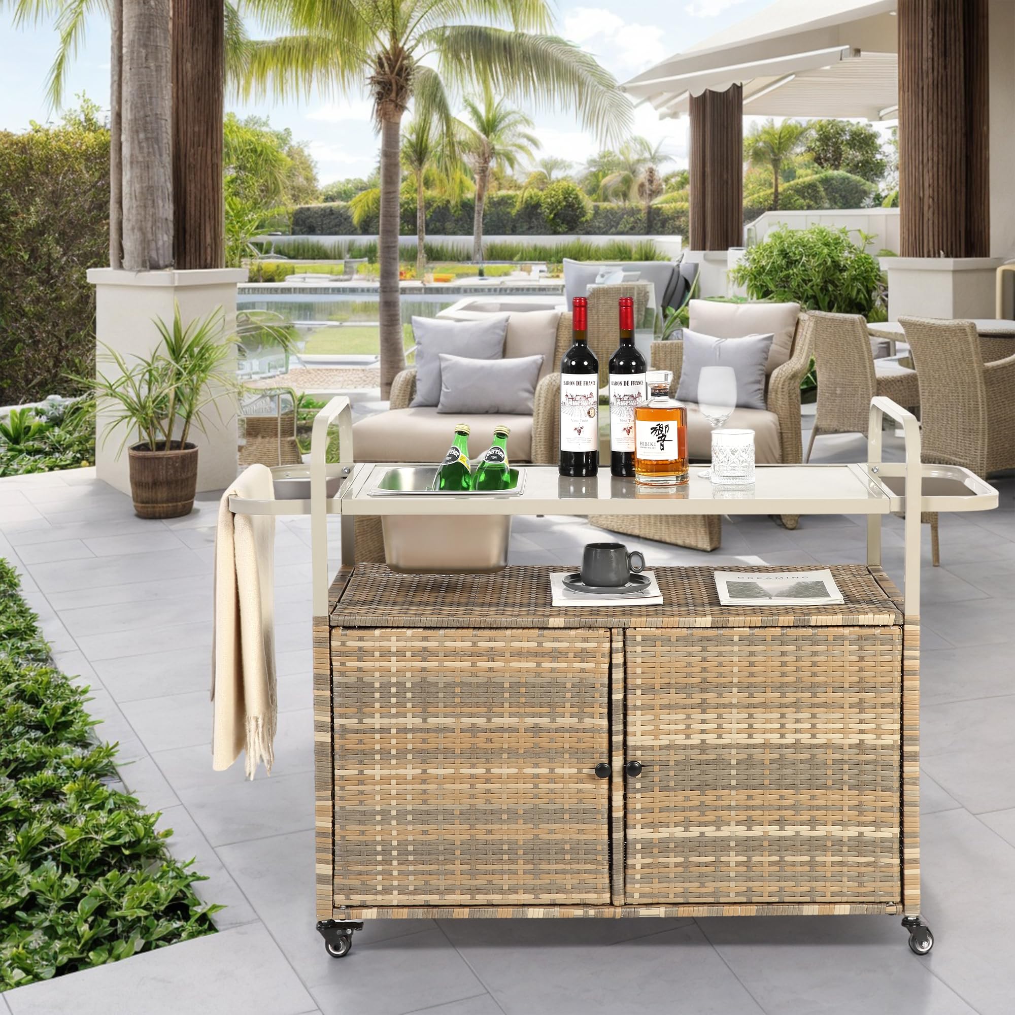 Mesa de bar para exteriores, carrito de mimbre con gabinete, carrito de servicio de patio con tapa de acero, con un cubo de hielo, cesta lateral para jardín, ruedas bloqueables, lado de piscina y