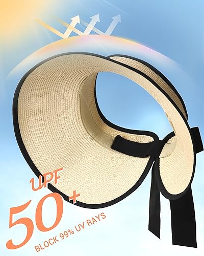 Miniatura 3 de Camptrace UPF 50+ Sun Visors for Women Wide Brim Beach Hat Foldable Straw Visor Hat Ponytail Summer Packable