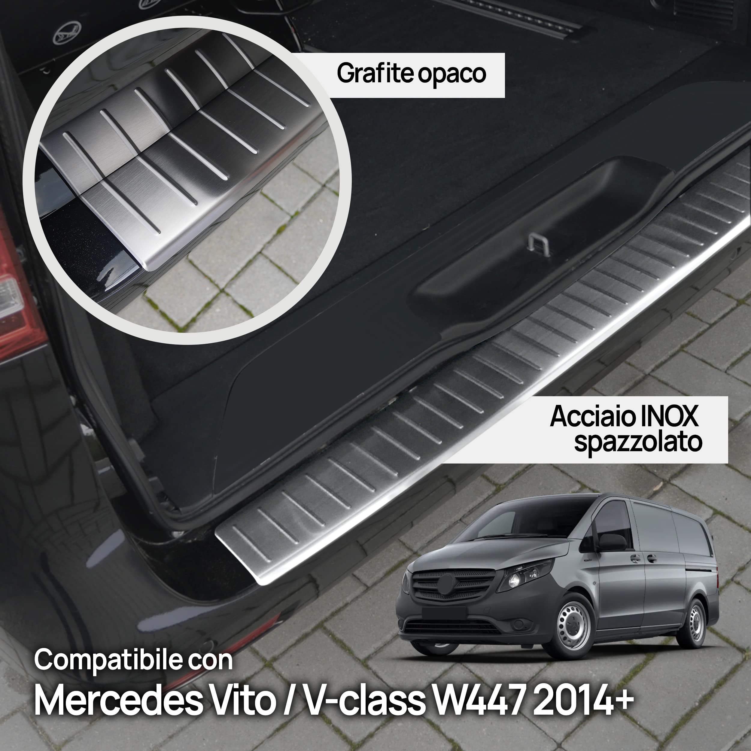 Chromemaster | Protezione paraurti Posteriore | Compatibile con Mercedes Vito Classe V W447 dal 2014- | Acciaio INOX spazzolato, grafite opaco | Protezione paraurti protegge la vernice del paraurti