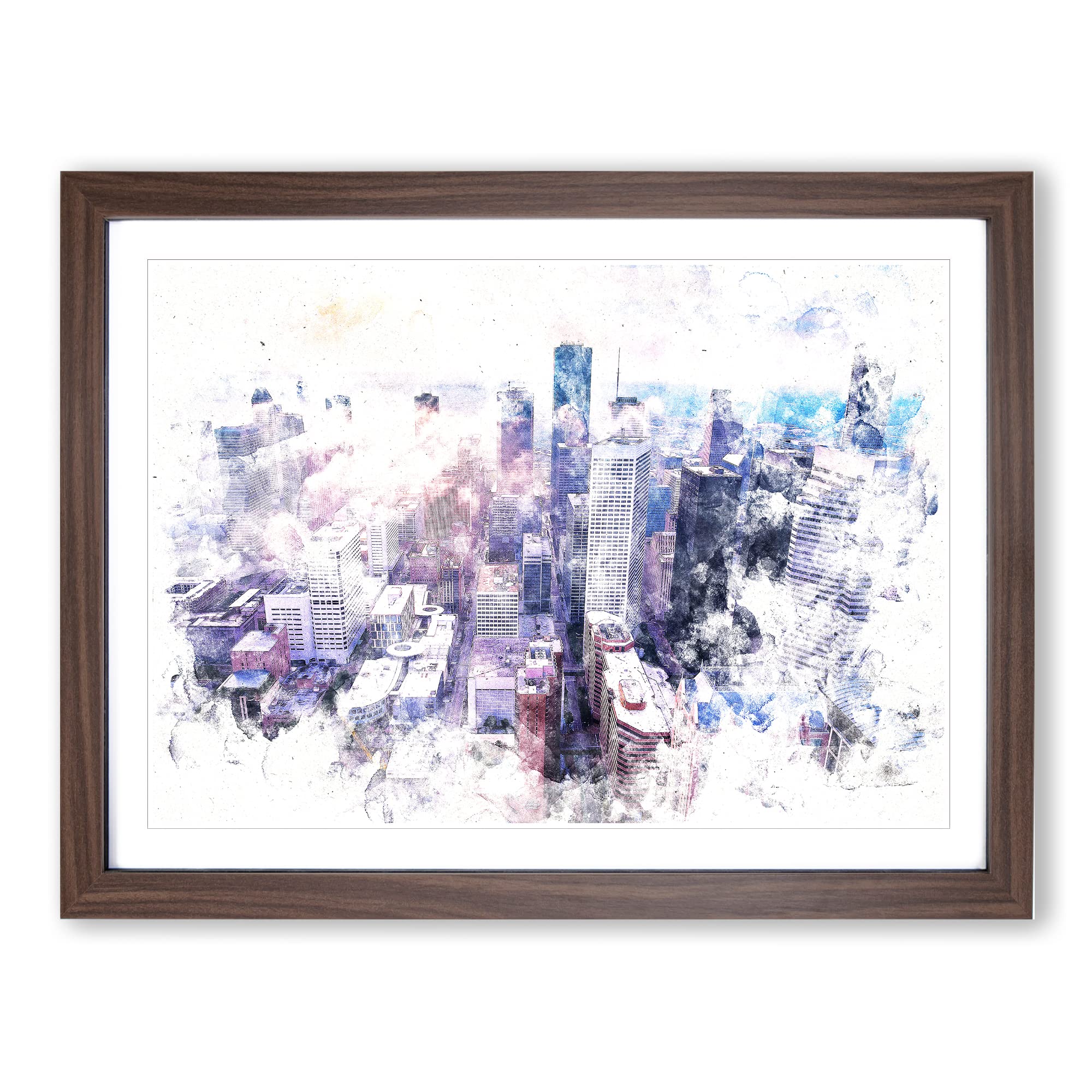 Houston Texas Skyline Watercolour Modern Framed Wall Art Print