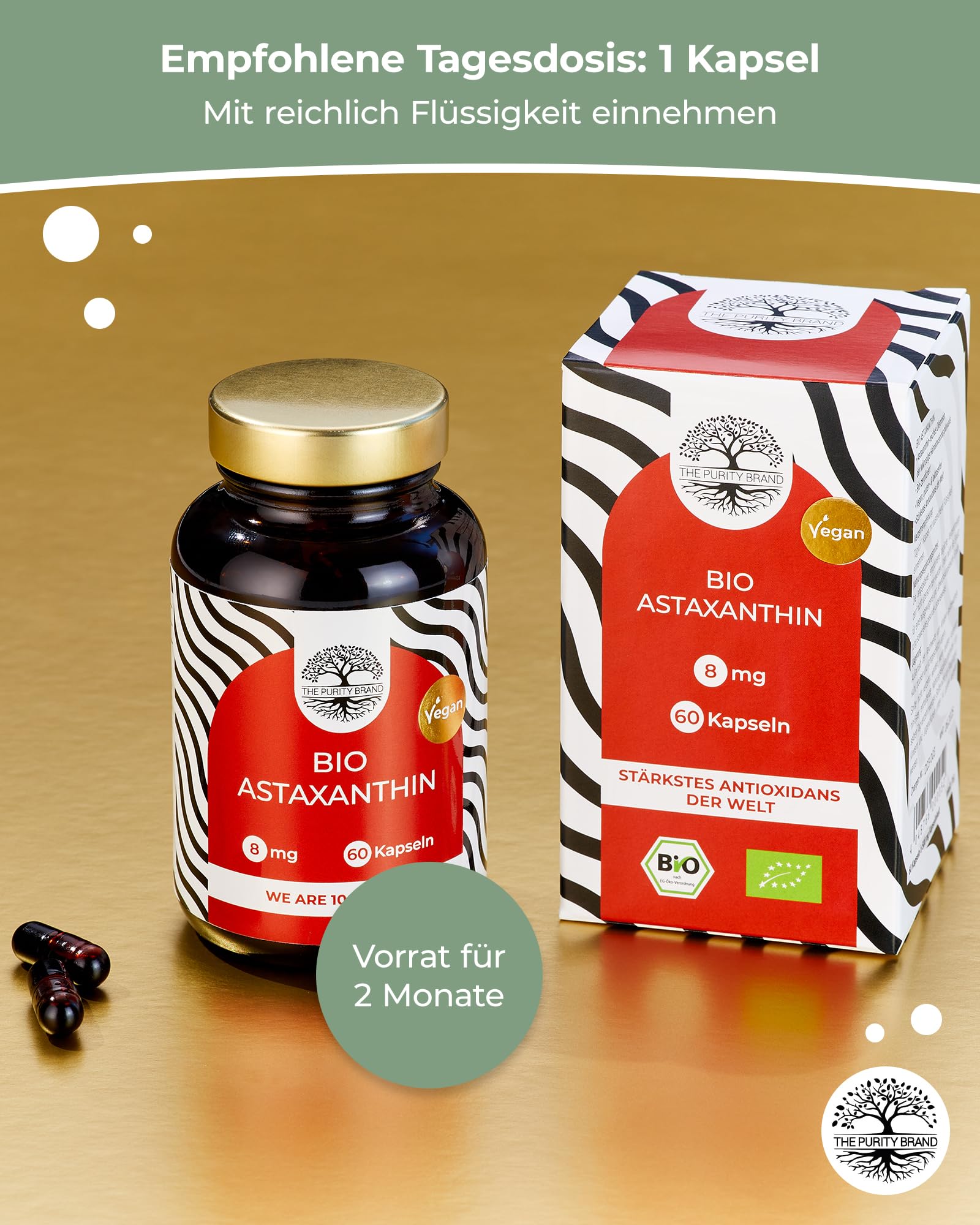 Bio Astaxanthin 60 Kapseln - 2 Monate Vorrat - Hochdosiert 8mg - Reinsubstanz - Nahrungsergänzungsmittel - Vegan & laborgeprüft - The Purity Brand