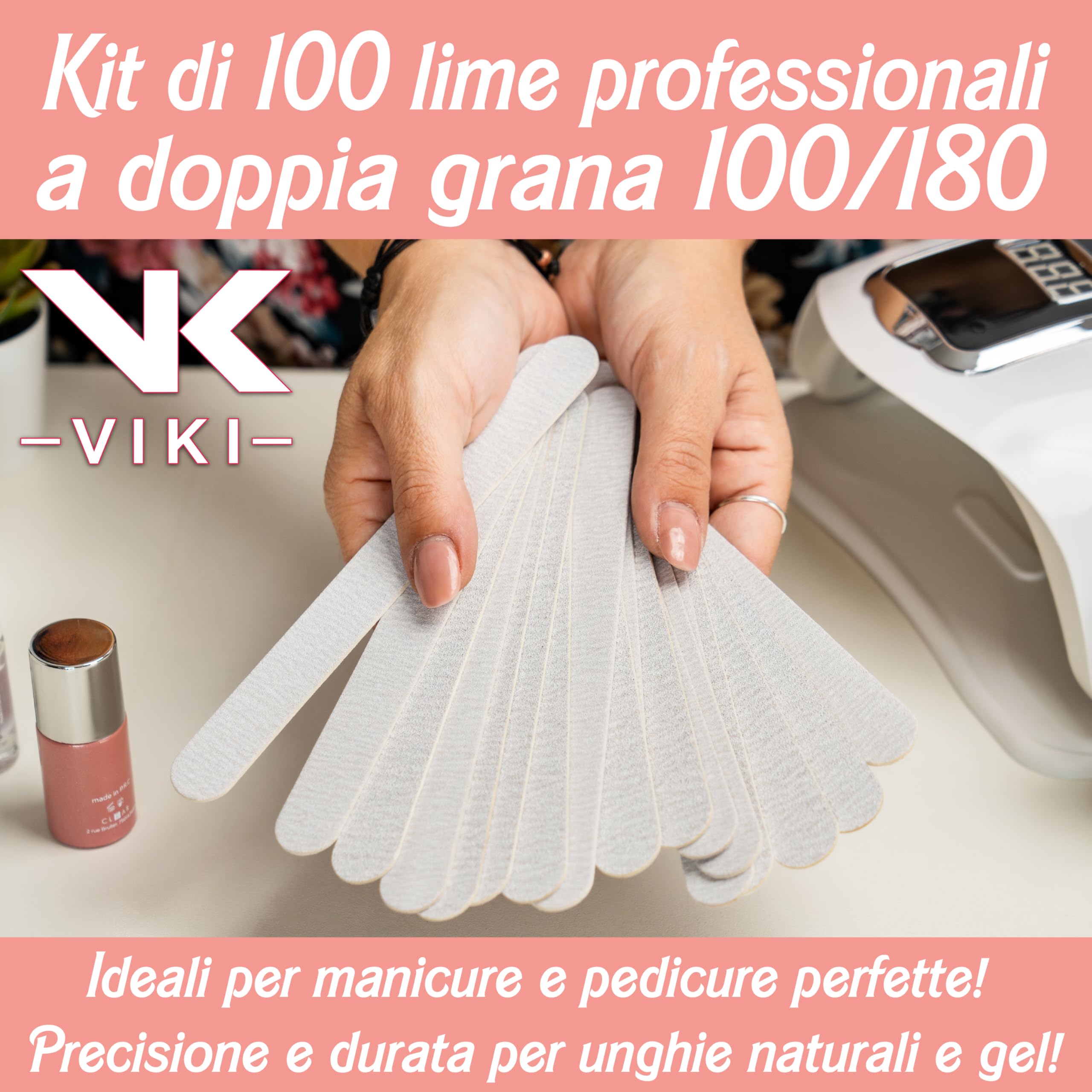 VIKI Set 100 Lima Unghie Professionale 100/180 Doppia Grana, Lime Unghie per Manicure e Pedicure, Unghie Naturali, Gel, Acrilico e Semipermanente, Lime Delicate e Resistenti ideale per centri estetici