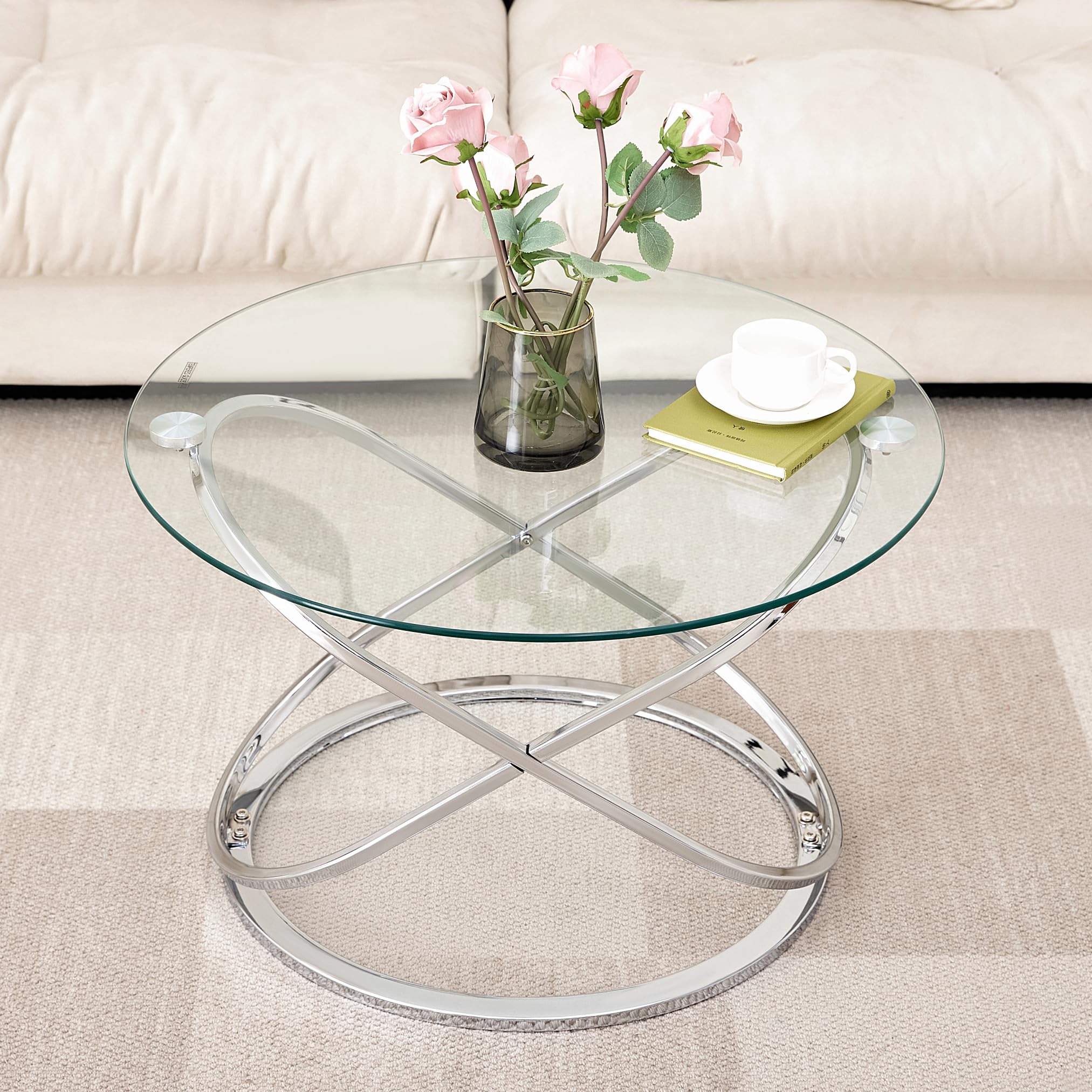 Modern Silver Round Glass Coffee Table – 26.7” Tempered Glass Top & Luxe Chrome Cross-Leg Base – Stylish Accent Table for Living Room, Apartment or