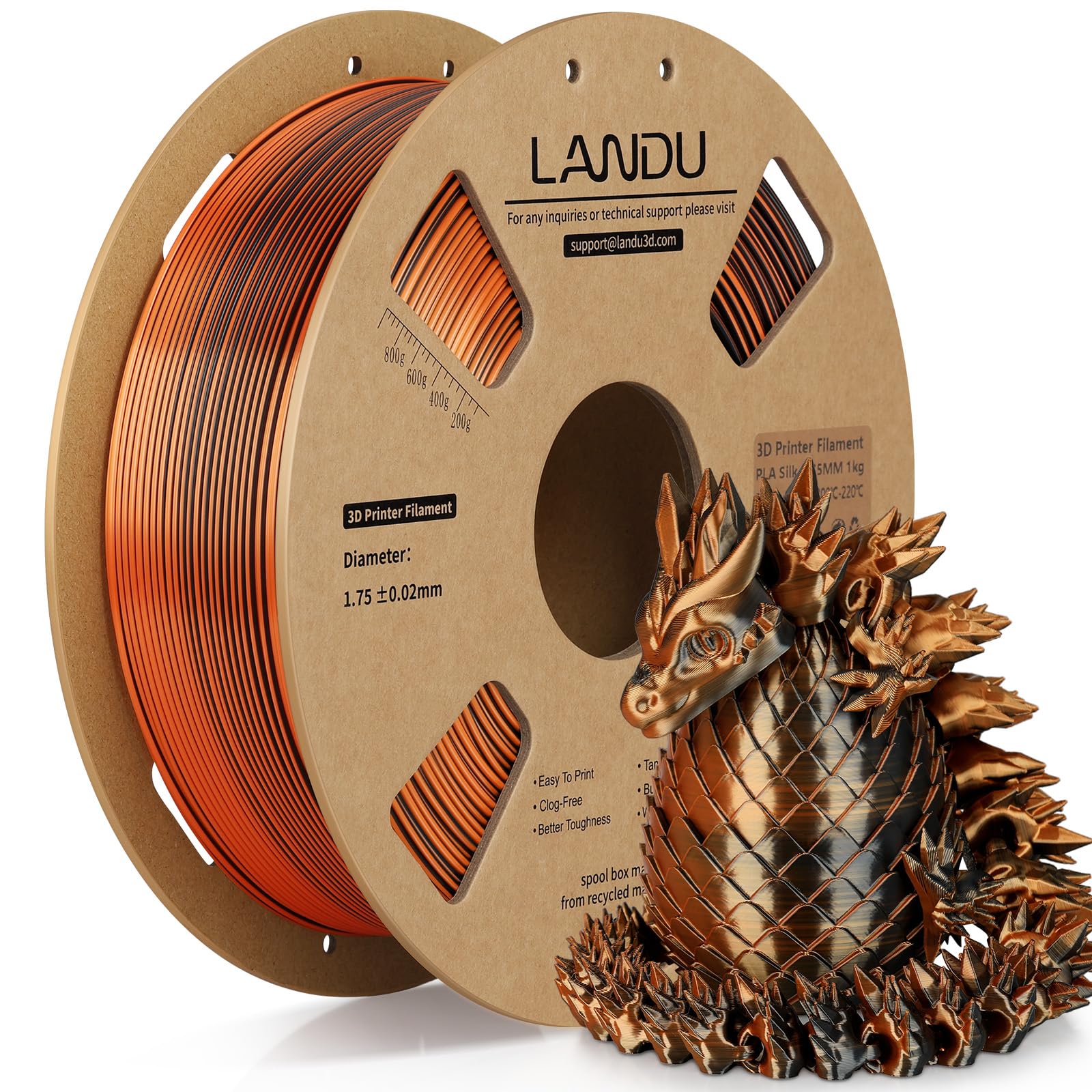 LANDU Silk Dual Color PLA Filament 1.75mm 1KG, 3D Printer Filament Dimensional Accuracy +/- 0.02mm, Coextrusion Filament PLA Shiny Filament Fits for Most FFF 3D Printers,1KG Spool,Black Orange