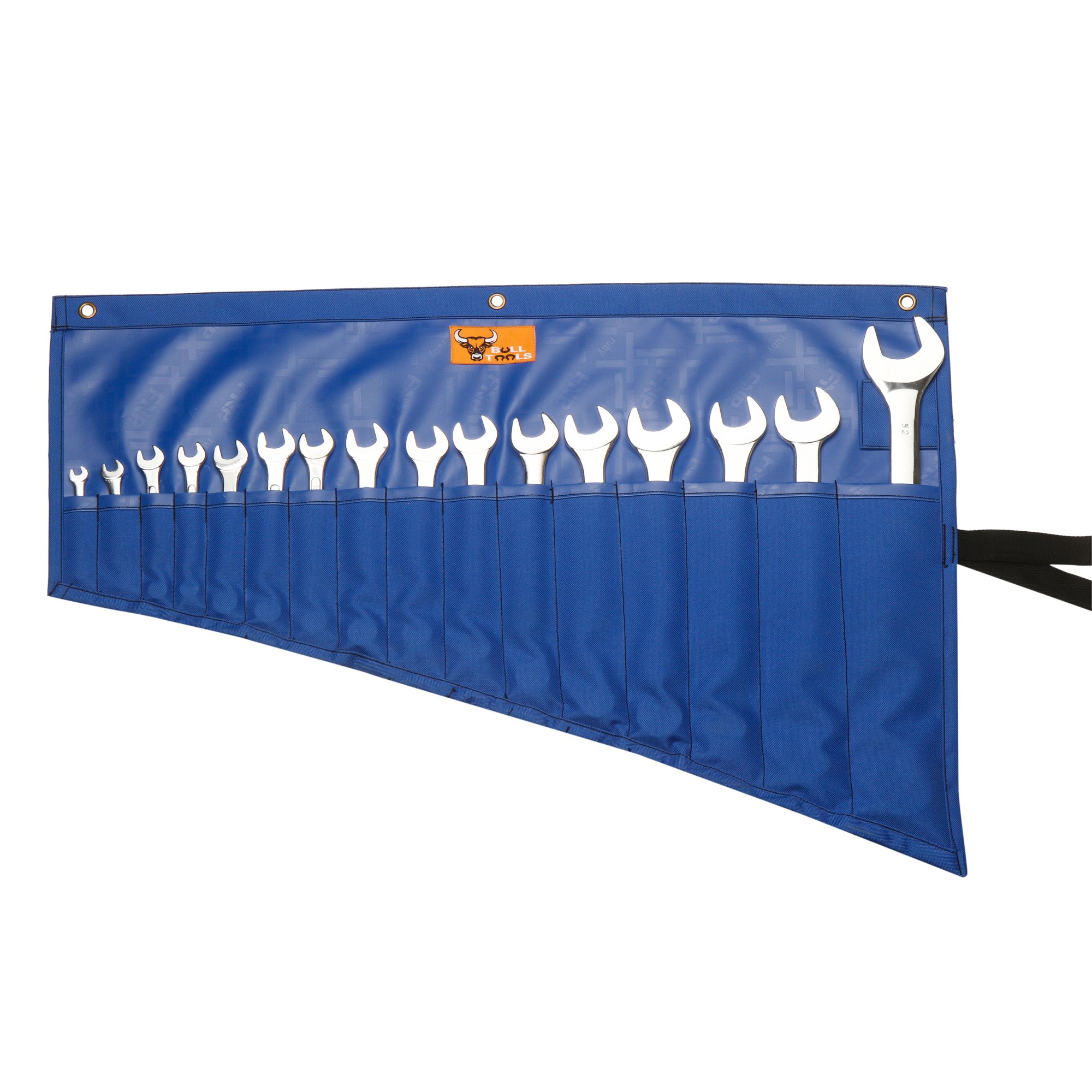 BULL TOOLSWrench Organizer 14 Pocket Roll Up Organizer Tool Pouch & Bag Metric & SAE Hand Crafted, Heavy Weight, Water Proof, Ballistic Polyester Oxford Canvas - Blue