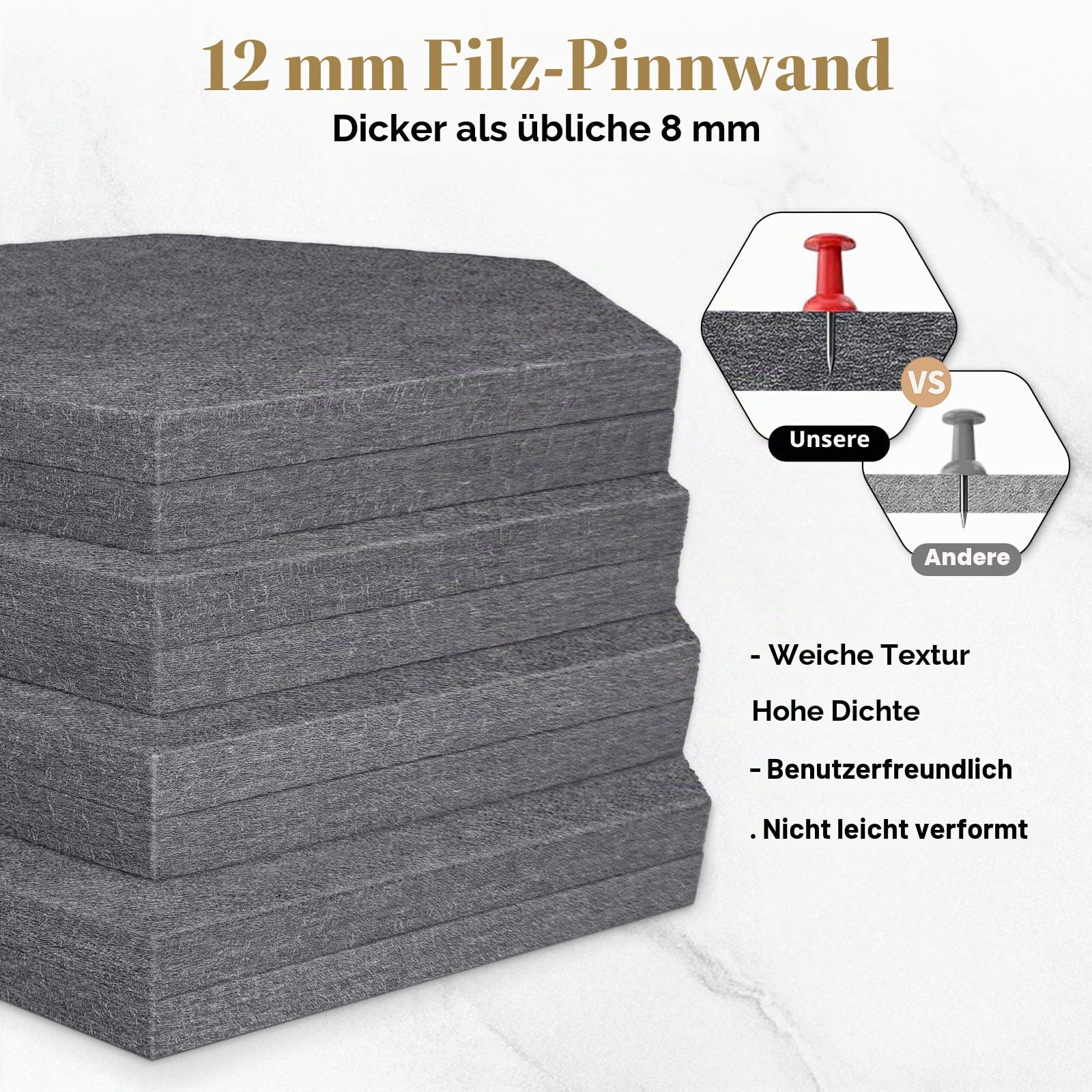 Hexagon Filz Pinnwände 8 Stück, 12mm dicke 22x19cm, Dunkel Grau | mit 60 Push-Pins & Klebepads für DIY-Memo-Pinnwand, dekorative dunkelgrau Vision-Board für Büro Zuhause Küche & Schlafzimmer