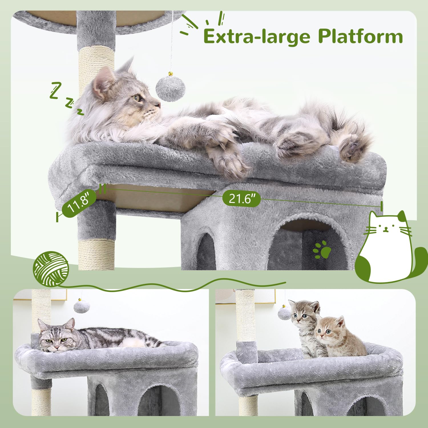 Globlazer Tiragraffi per Gatti Grandi, Castello per Gatto Alto 183 cm con Grotte Piattaforma Cesto, Albero Gatti Stabile per Adulti Maine Coon Ragdoll Riposare Giocare Interno (S72, Grigio Chiaro)