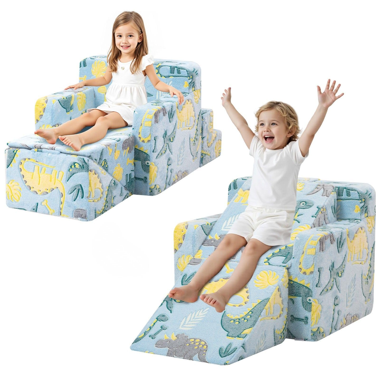 MeMoreCool Kids Play Sofa, Climbing Modular Toddler Chair Couch, Baby Soft Foam Couch with Slide & Stair, Convertible Children Glow Sofa Playroom Furniture, Blue Dinosaur