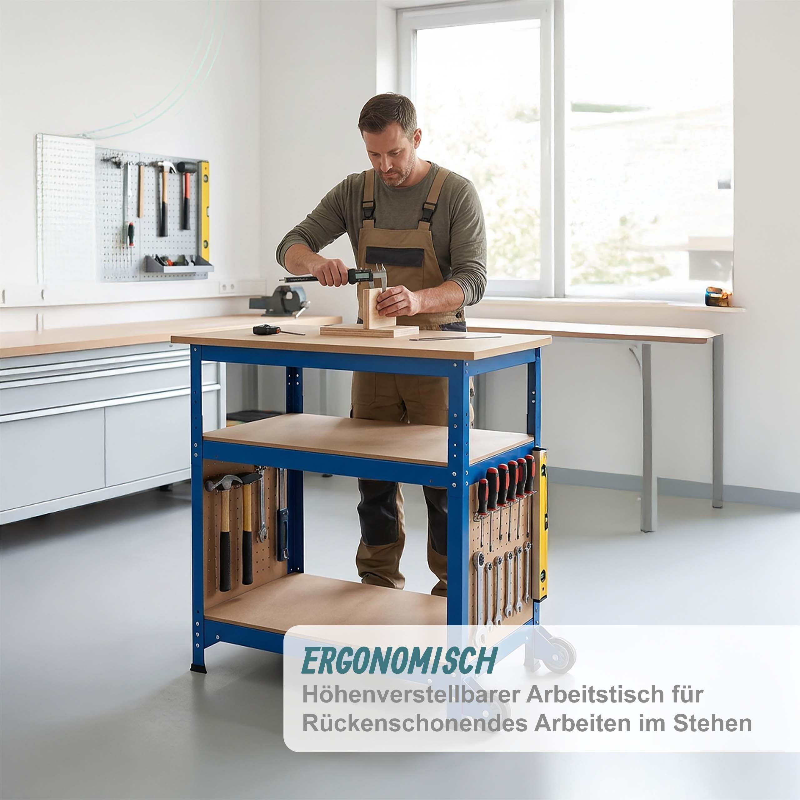 Relaxdays Werkbank, mit Rollen, HBT: 69,5x72,5x50 cm, höhenverstellbar, Werktisch mit Lochwand, Stahl & MDF, blau