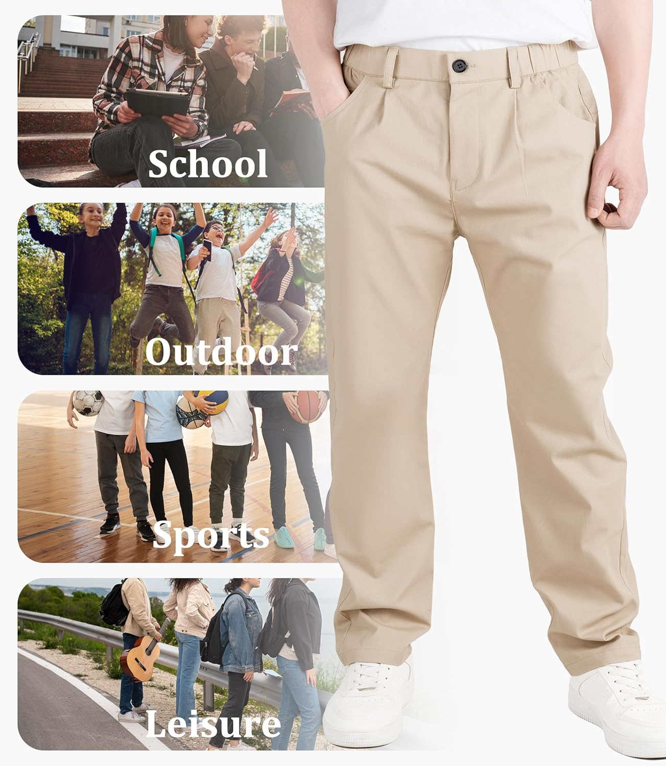 CAMLAKEE Boys' Pleated Dress Pants Kids Elastic Waist Twill Straight Leg School Uniform Pants - Image 3